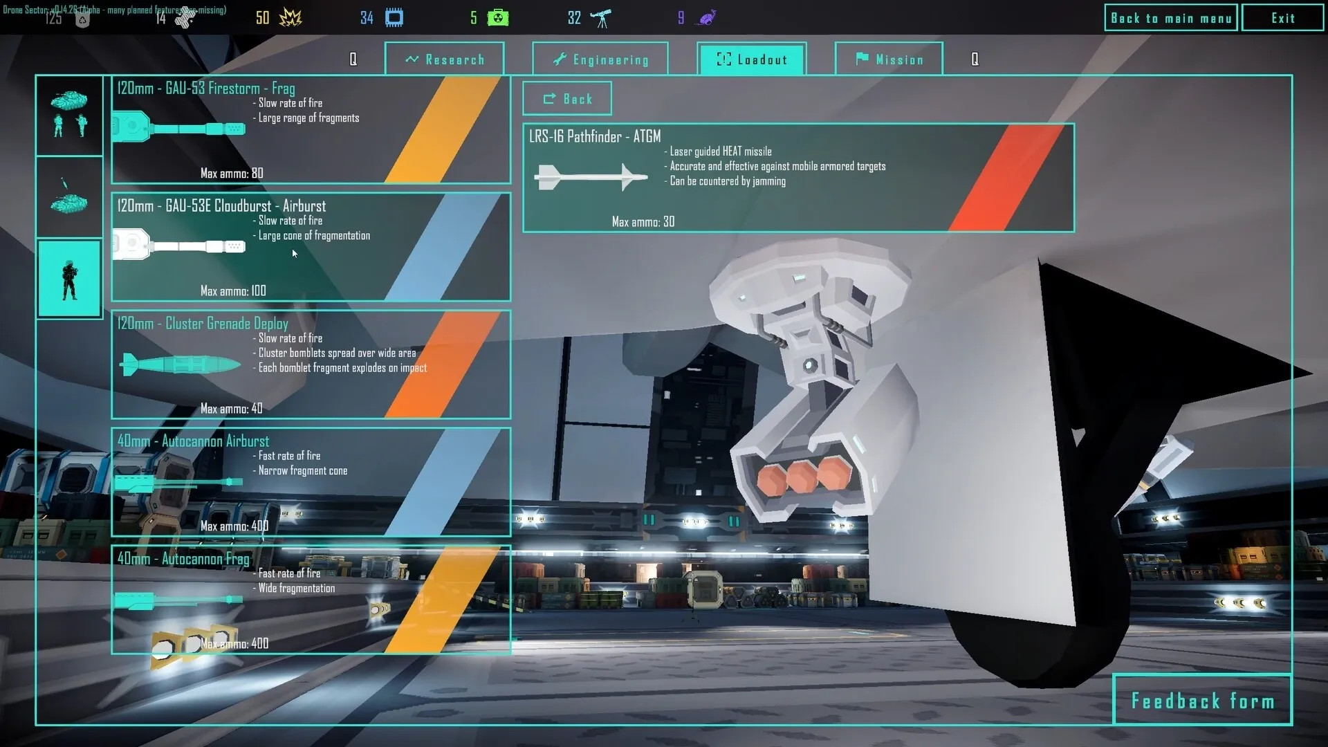 Drone Sector: Gunship loadout screen displaying various weapon options and specifications in hangar.