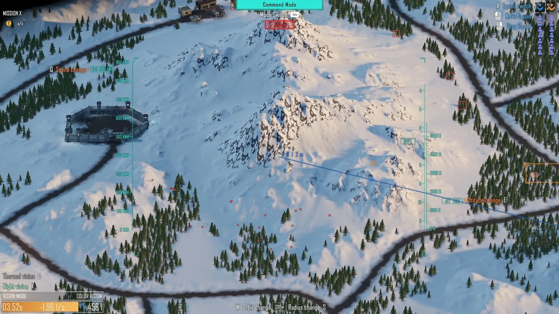 Drone Sector: Command mode interface over snowy mountain terrain with speed and altitude controls visible