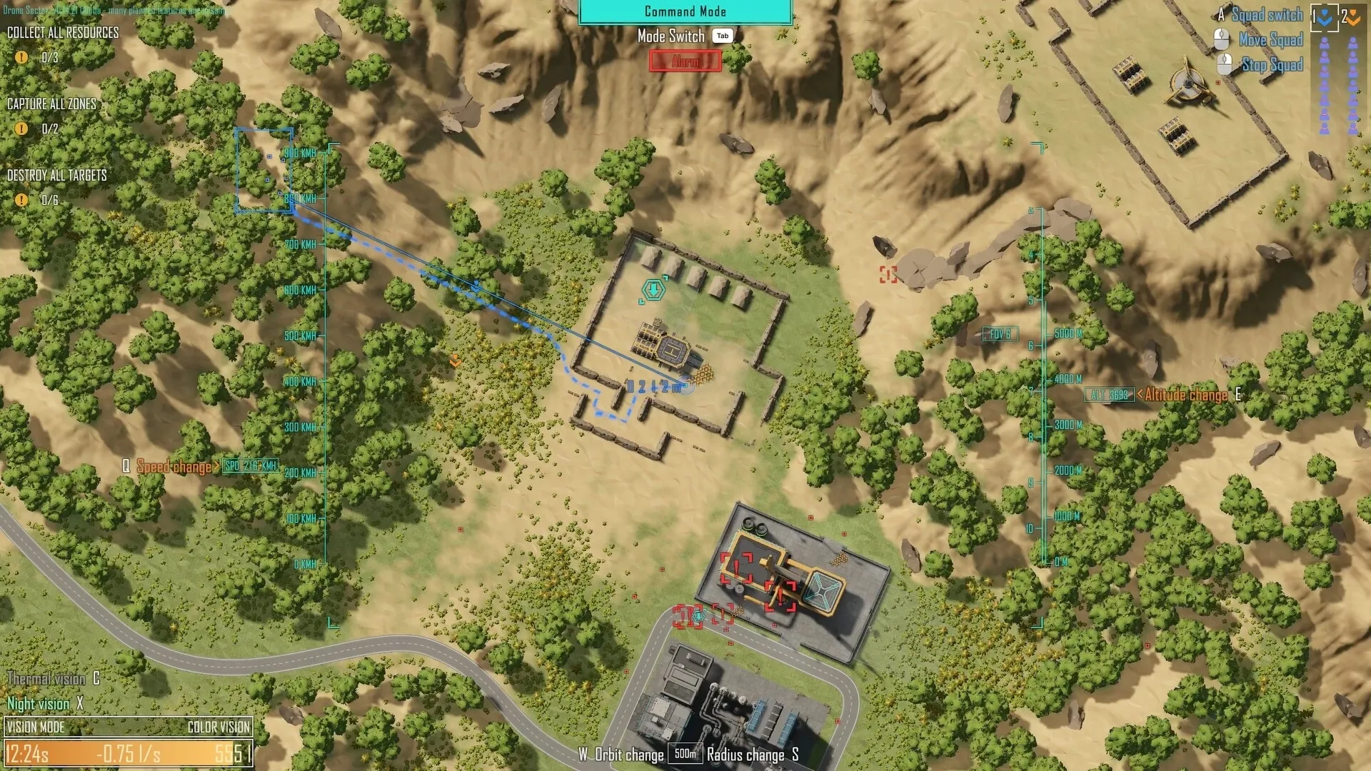 Drone Sector: Command mode overview of desert landscape with tactical objectives and squad commands visible