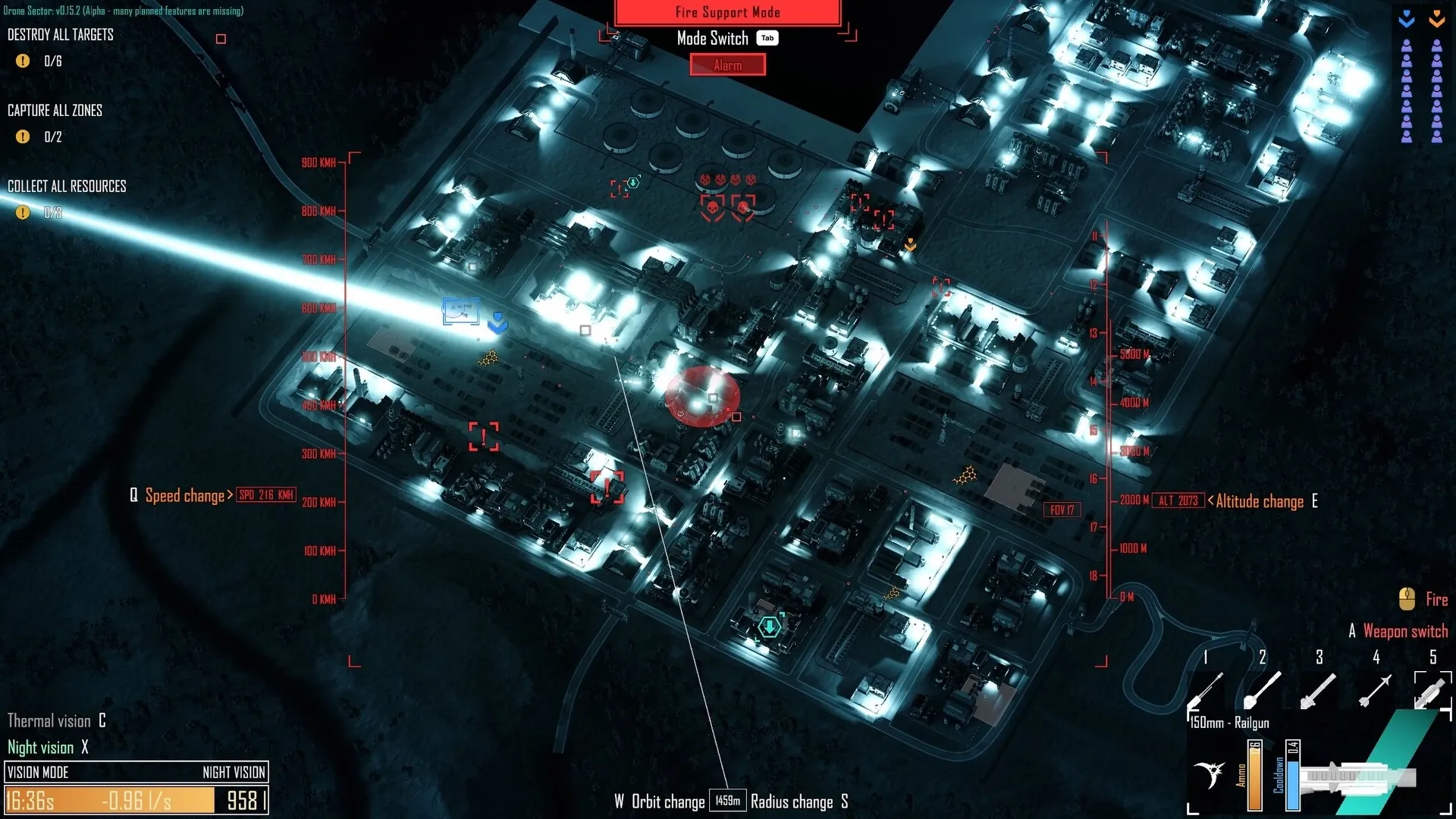 Drone Sector: Overhead map view with highlighted targets and mission objectives in a night setting