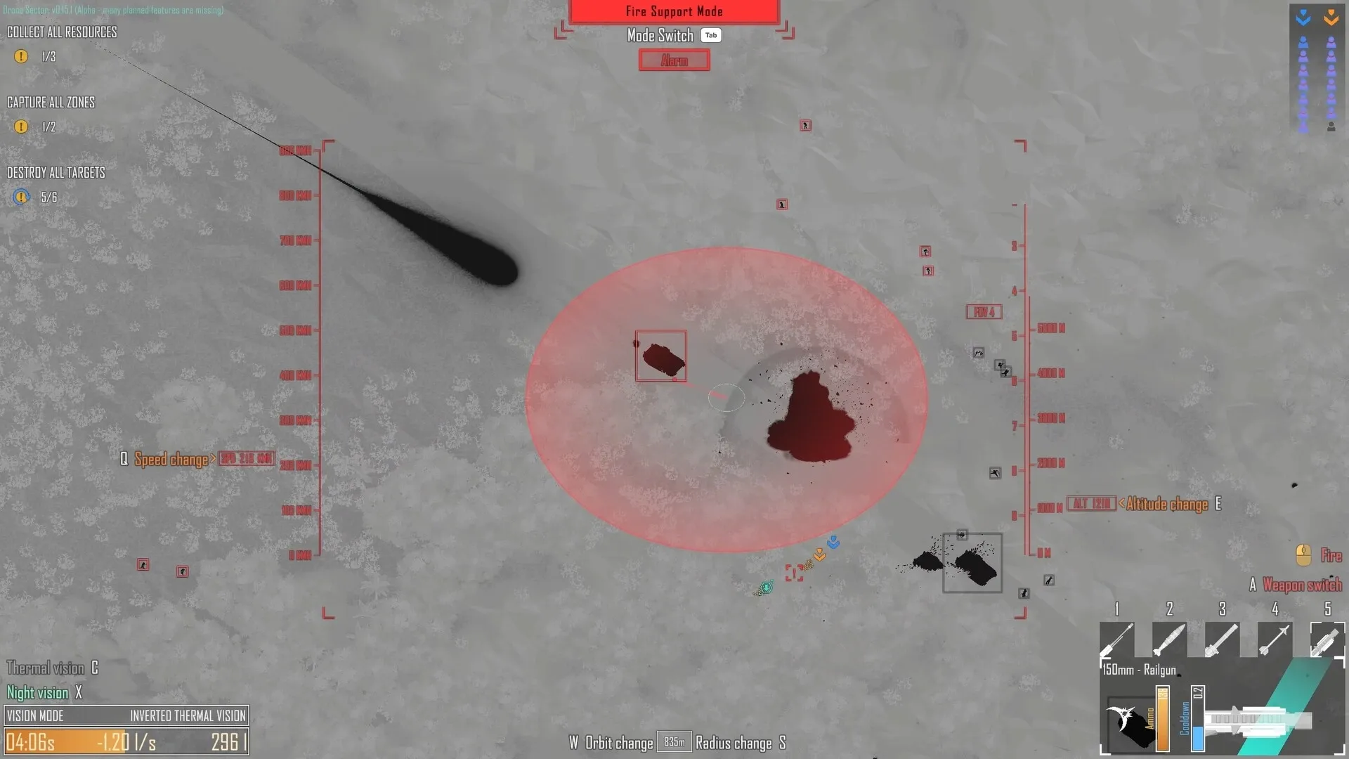 Drone Sector: Overhead view with red targeting radar and weapon selection interface in snowy terrain.
