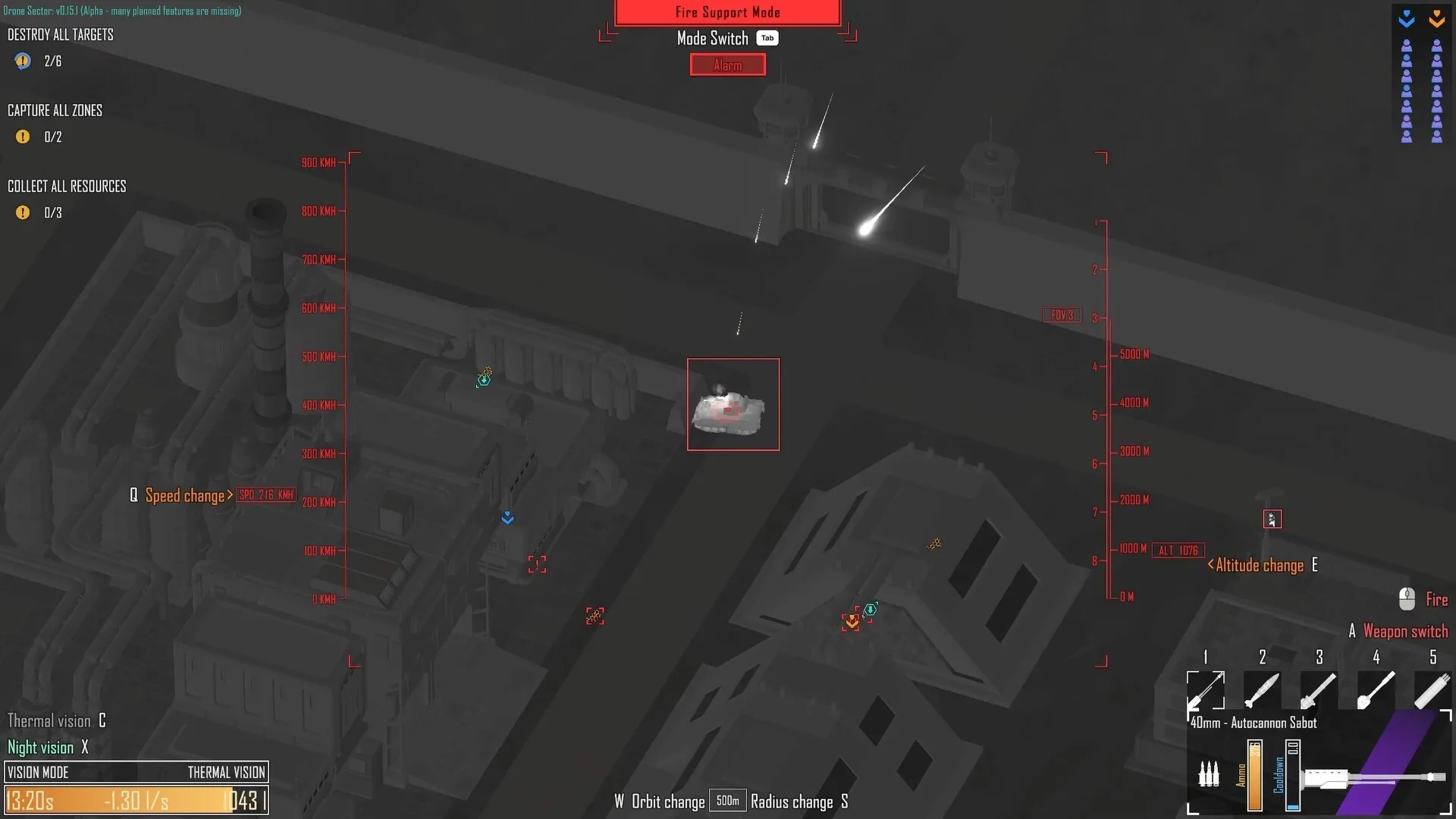 Drone Sector: Thermal vision targeting enemy tank in urban environment with mission objectives displayed