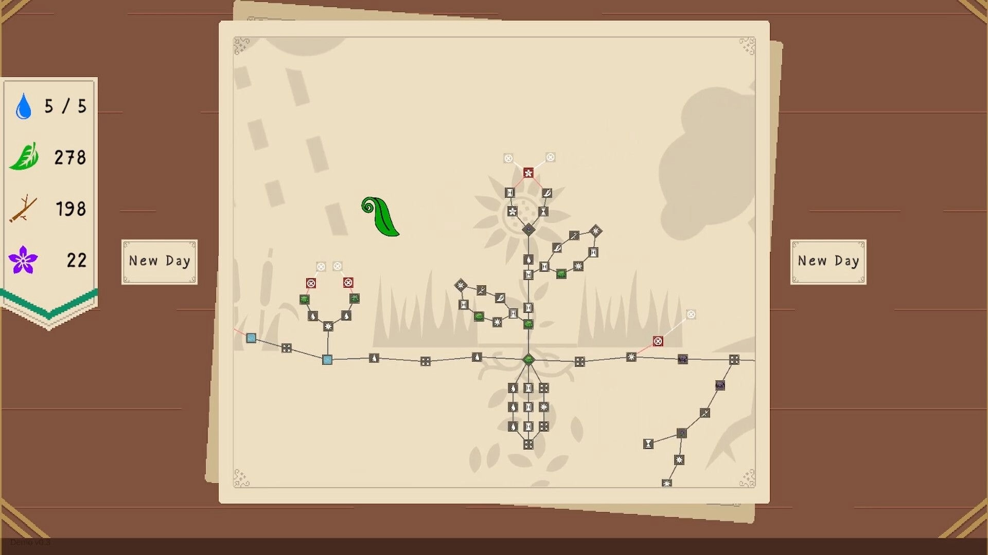 Drop and Grow: Plant growth map with resource indicators and "New Day" button in vintage paper style