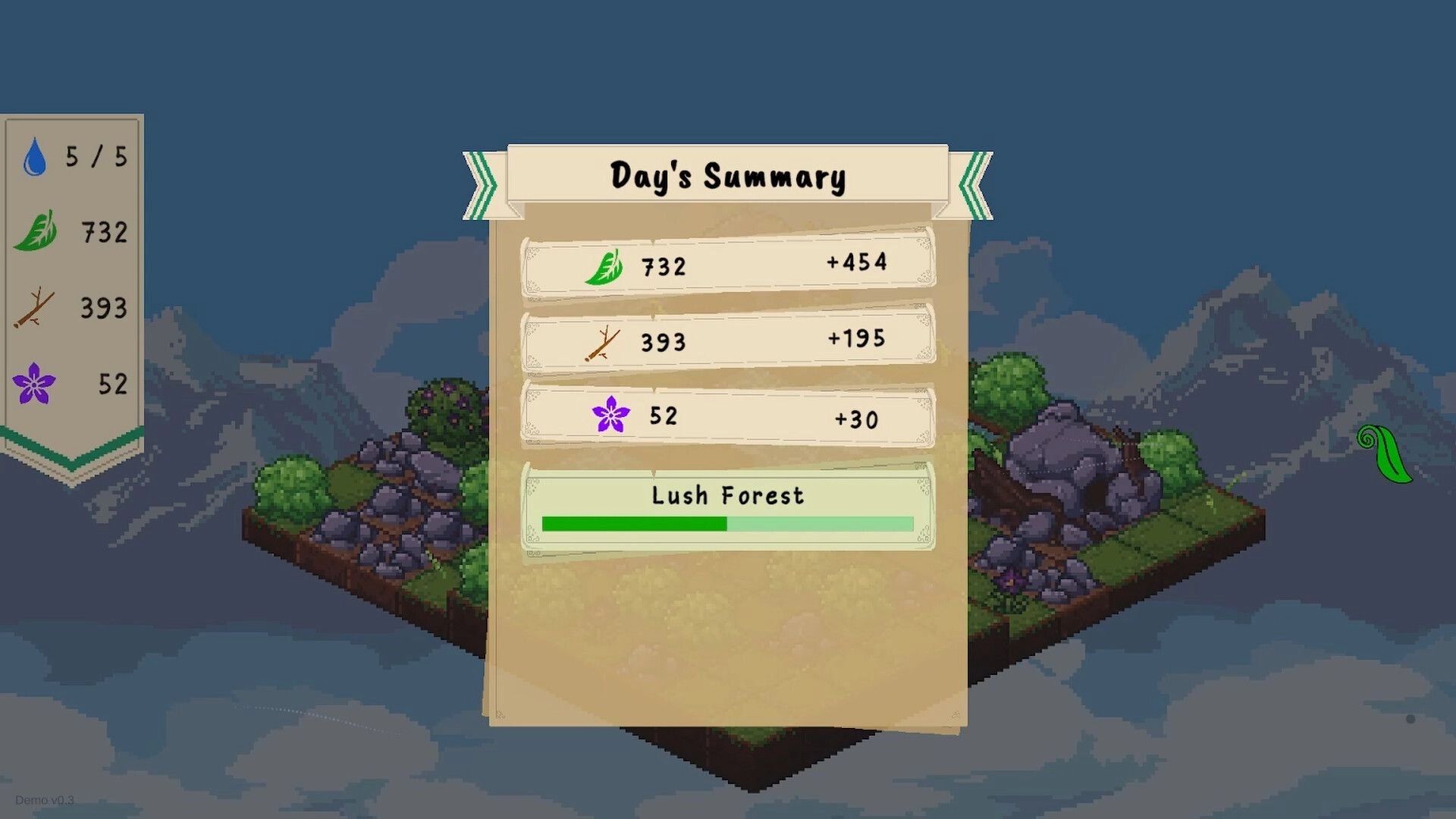 Drop and Grow: Day's summary screen with resource stats, floating island, and Lush Forest progress bar.