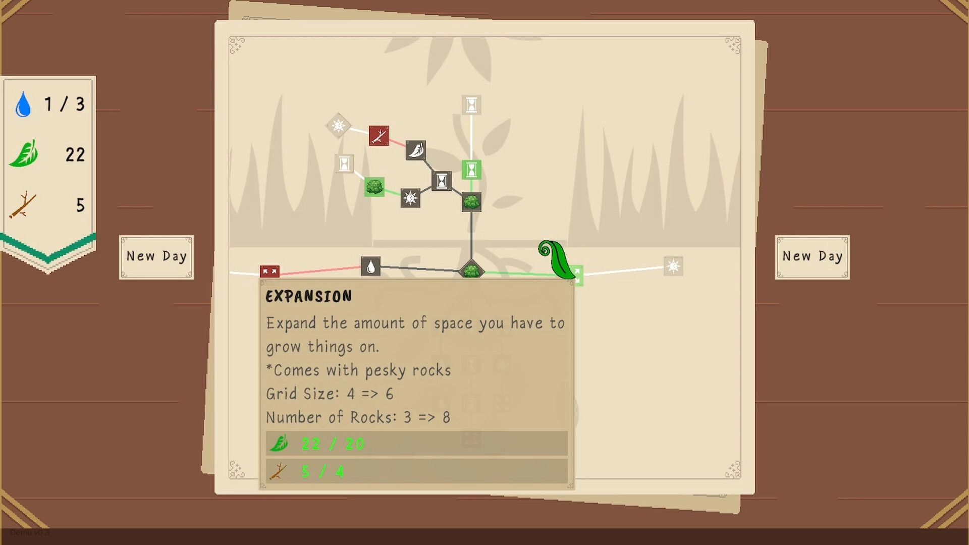 Drop and Grow: Resource panel and upgrade tree with expansion details on brown background interface.