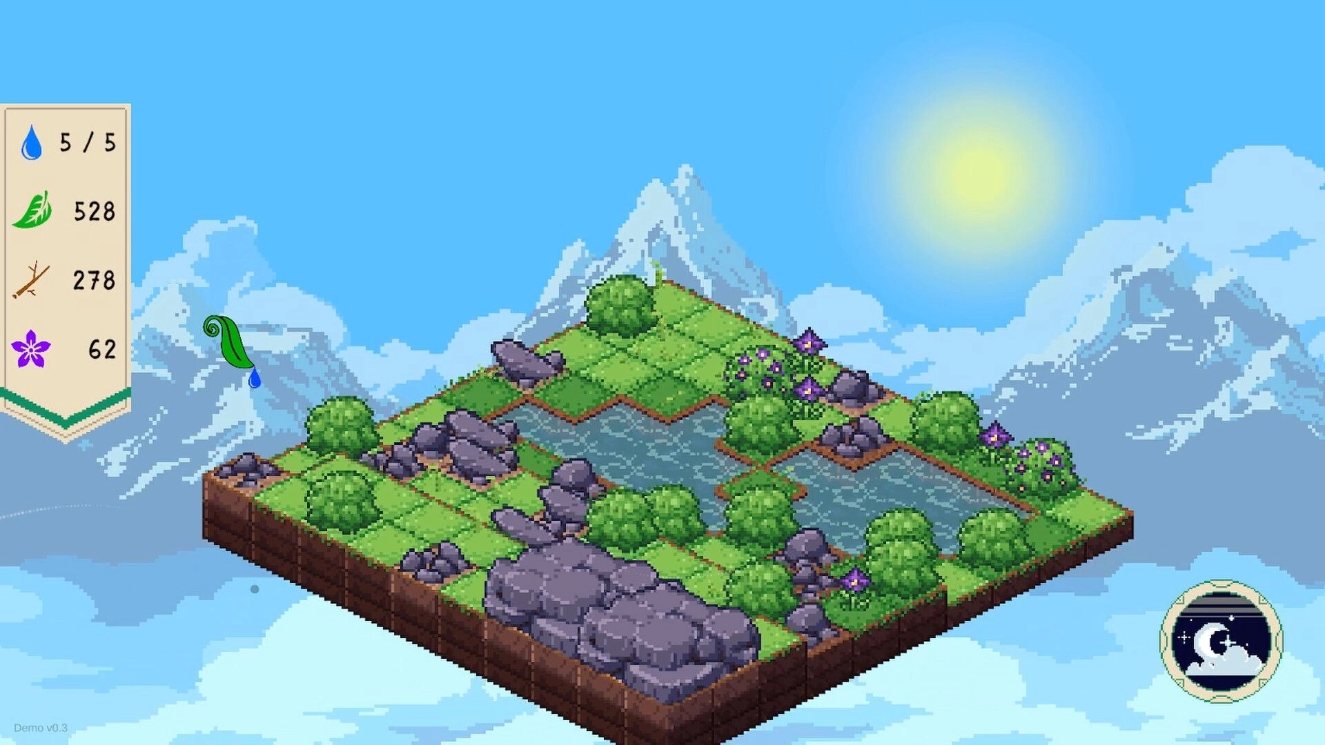 Drop and Grow: Isometric grassy landscape with ponds, resources UI, and bright sun in mountain setting