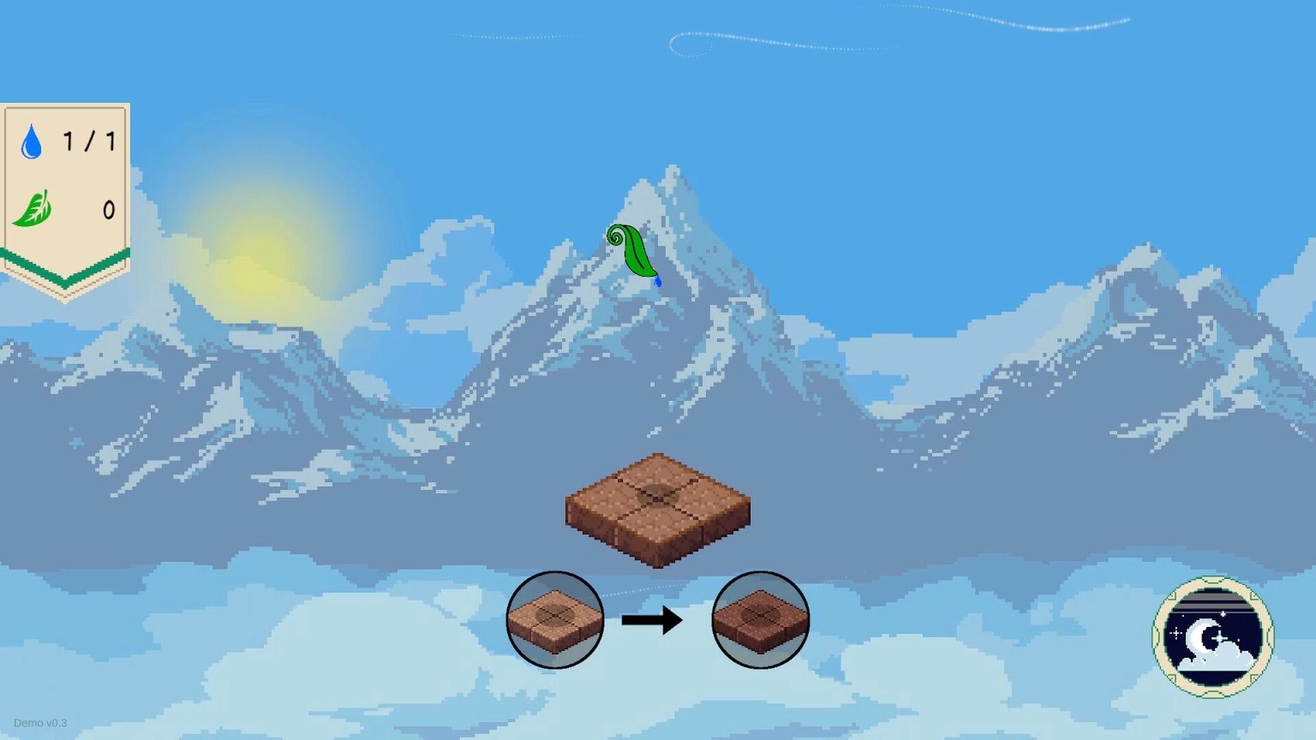 Drop and Grow: Floating leaf and water drop above soil block with mountain backdrop and sun setting.