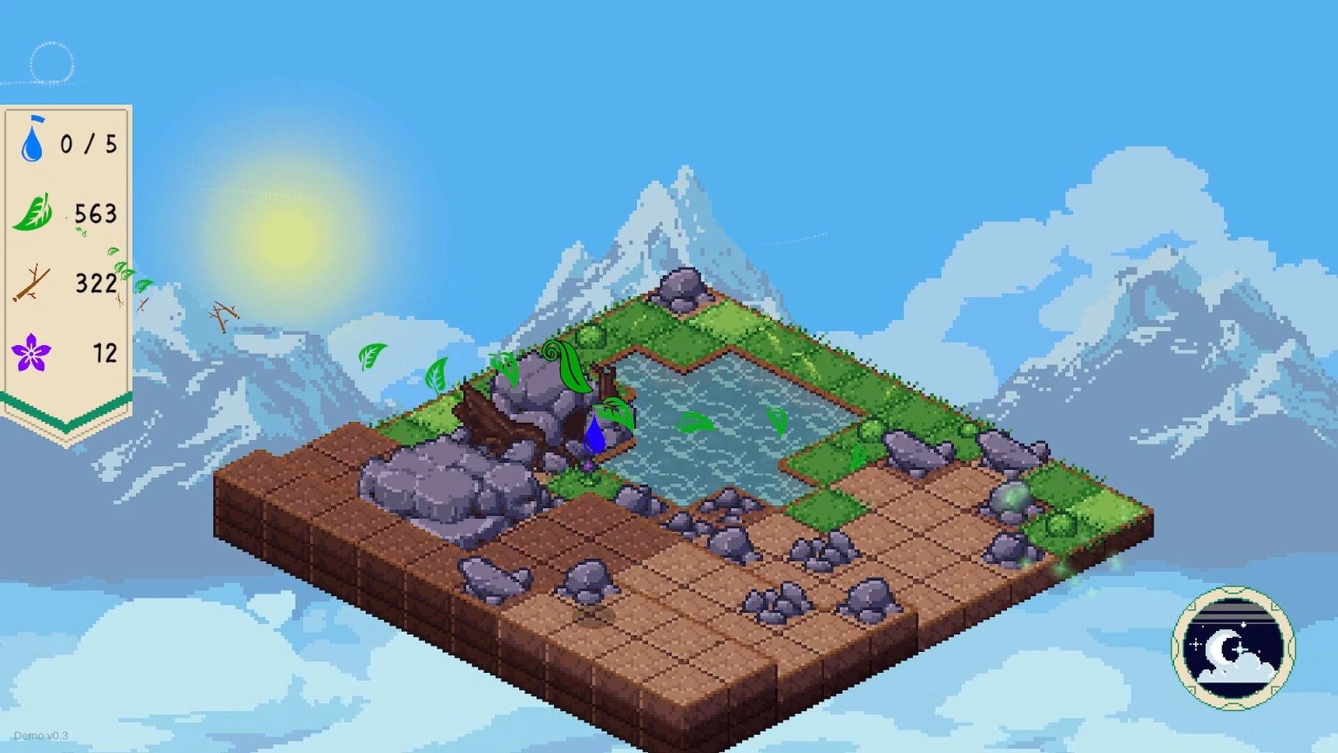 Drop and Grow: Water droplet nourishes plants on a floating platform with mountain backdrop and UI stats.