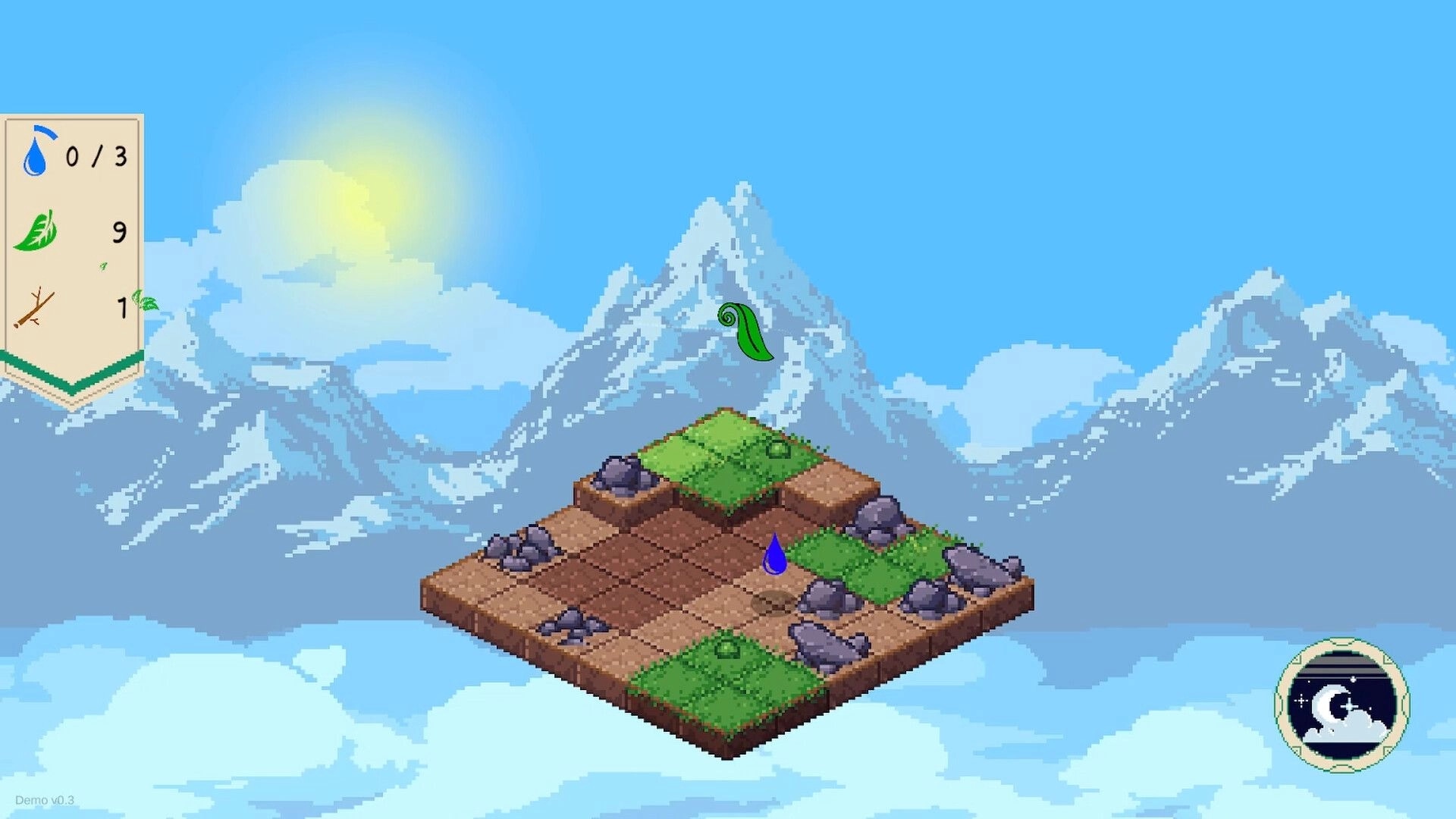 Drop and Grow: Isometric tile landscape with water drop and leaf icon, mountain backdrop in daylight