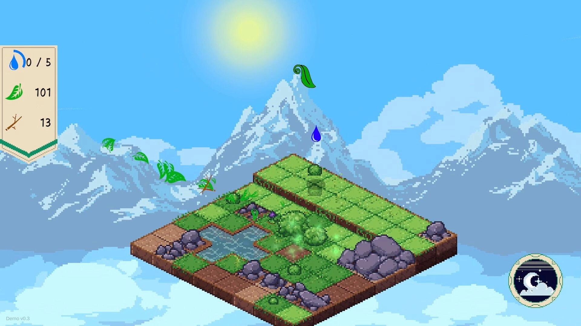 Drop and Grow: Isometric grassy landscape with water meter, mountains, and a day-night cycle icon