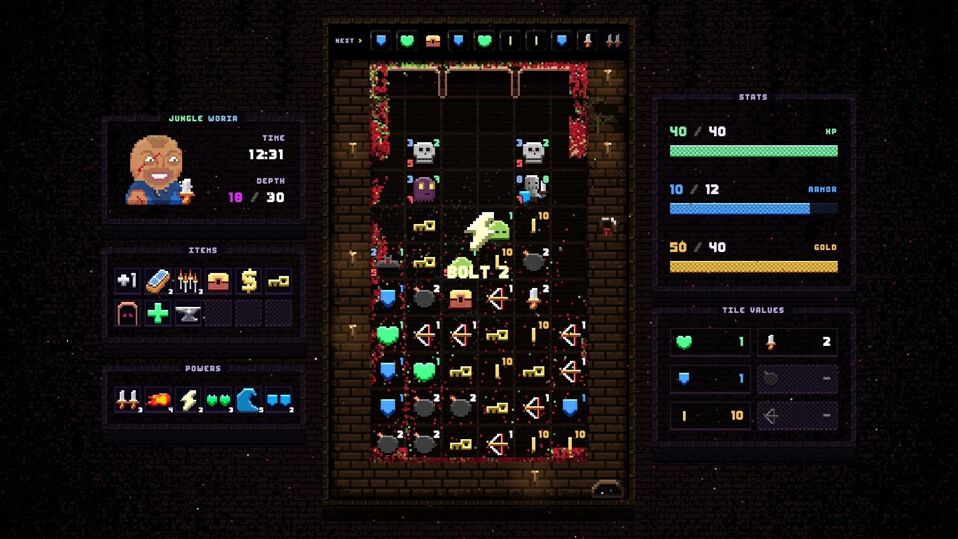 Drop Loot: Bolt spell triggers chain on tile grid, with stats, items, and powers panels in dungeon UI.