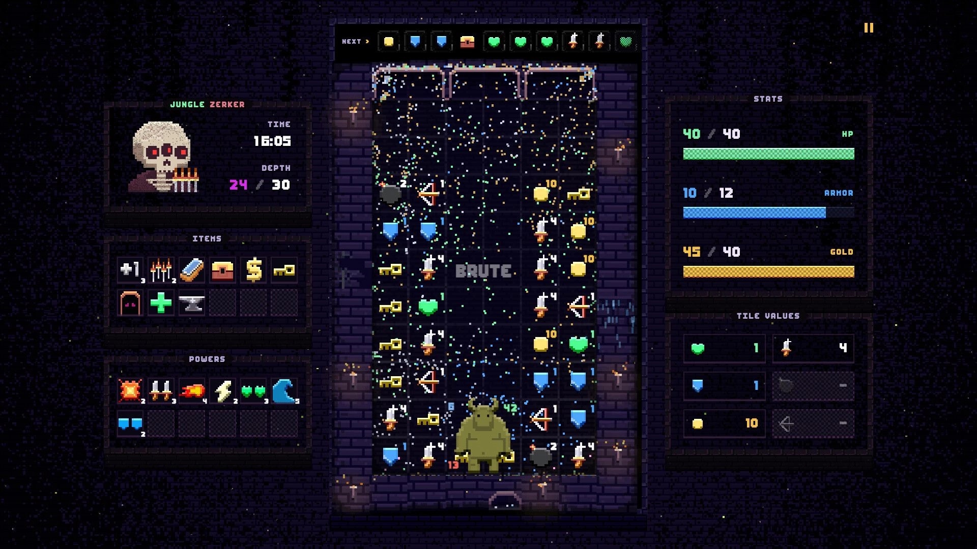 Drop Loot: Brute tile-matching board with enemy at bottom, items and stats panels in dungeon room.