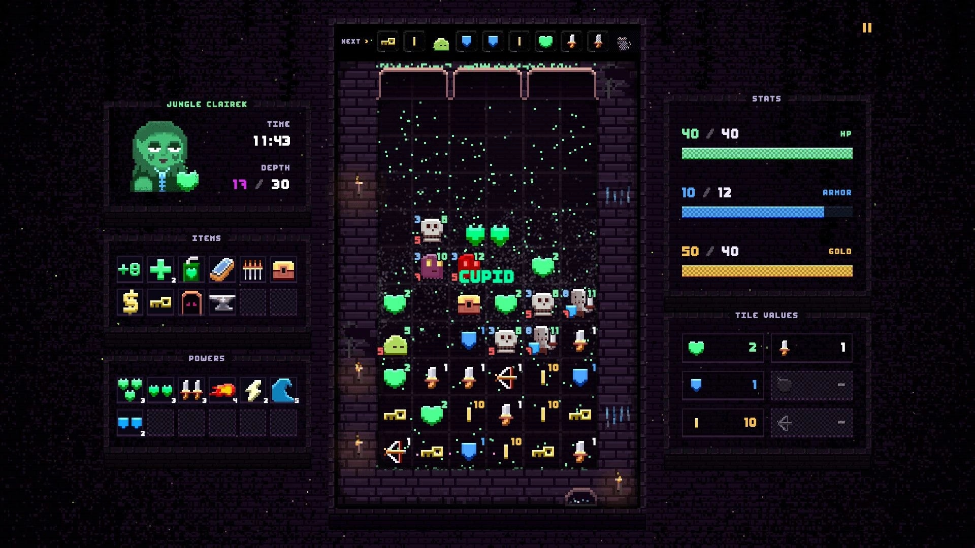 Drop Loot: Tile-matching dungeon board with hearts, skulls and loot, stats and items panels on sides.