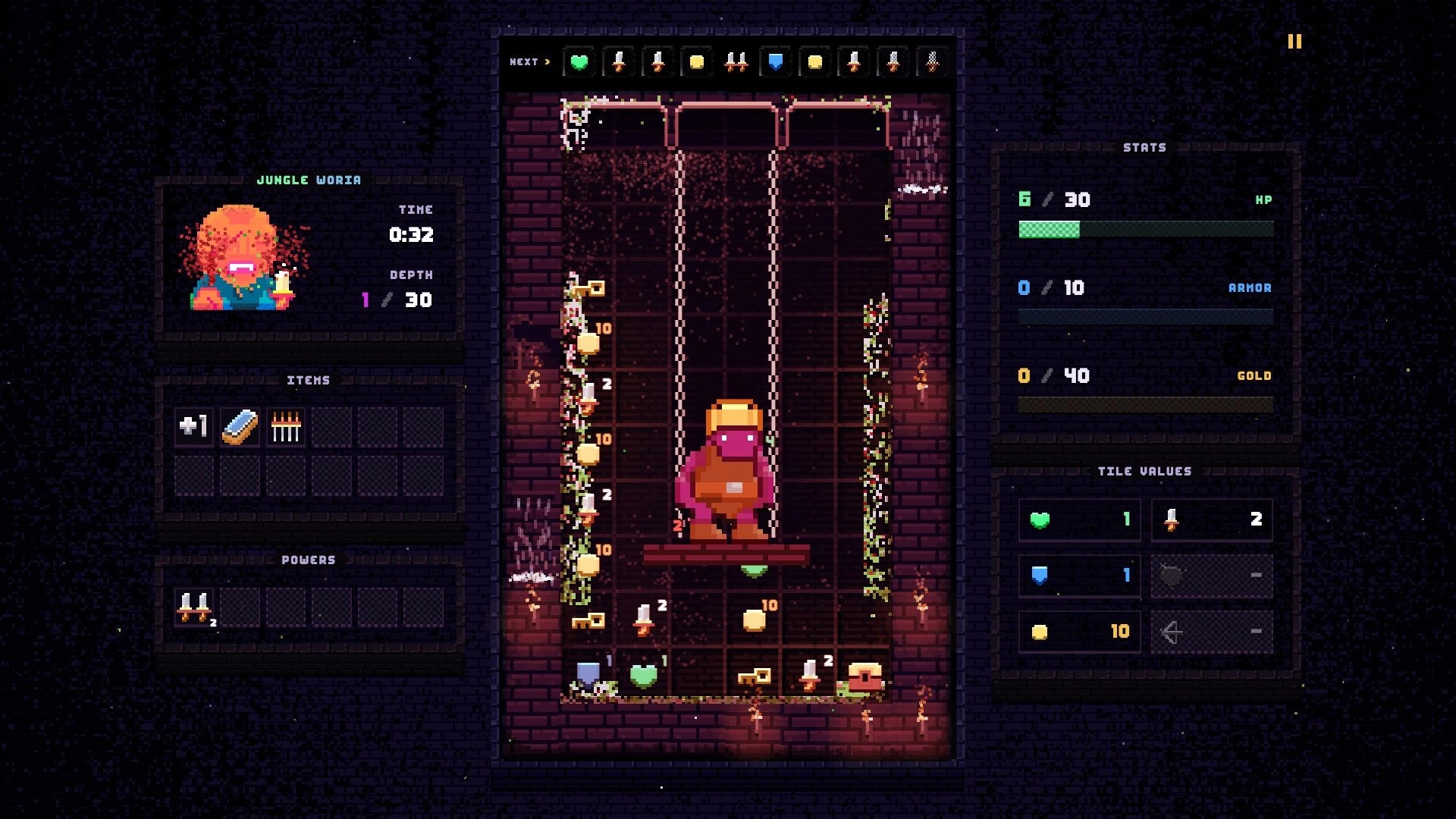 Drop Loot: Hero stands on a platform above loot tiles in a brick dungeon, with stats and items UI.