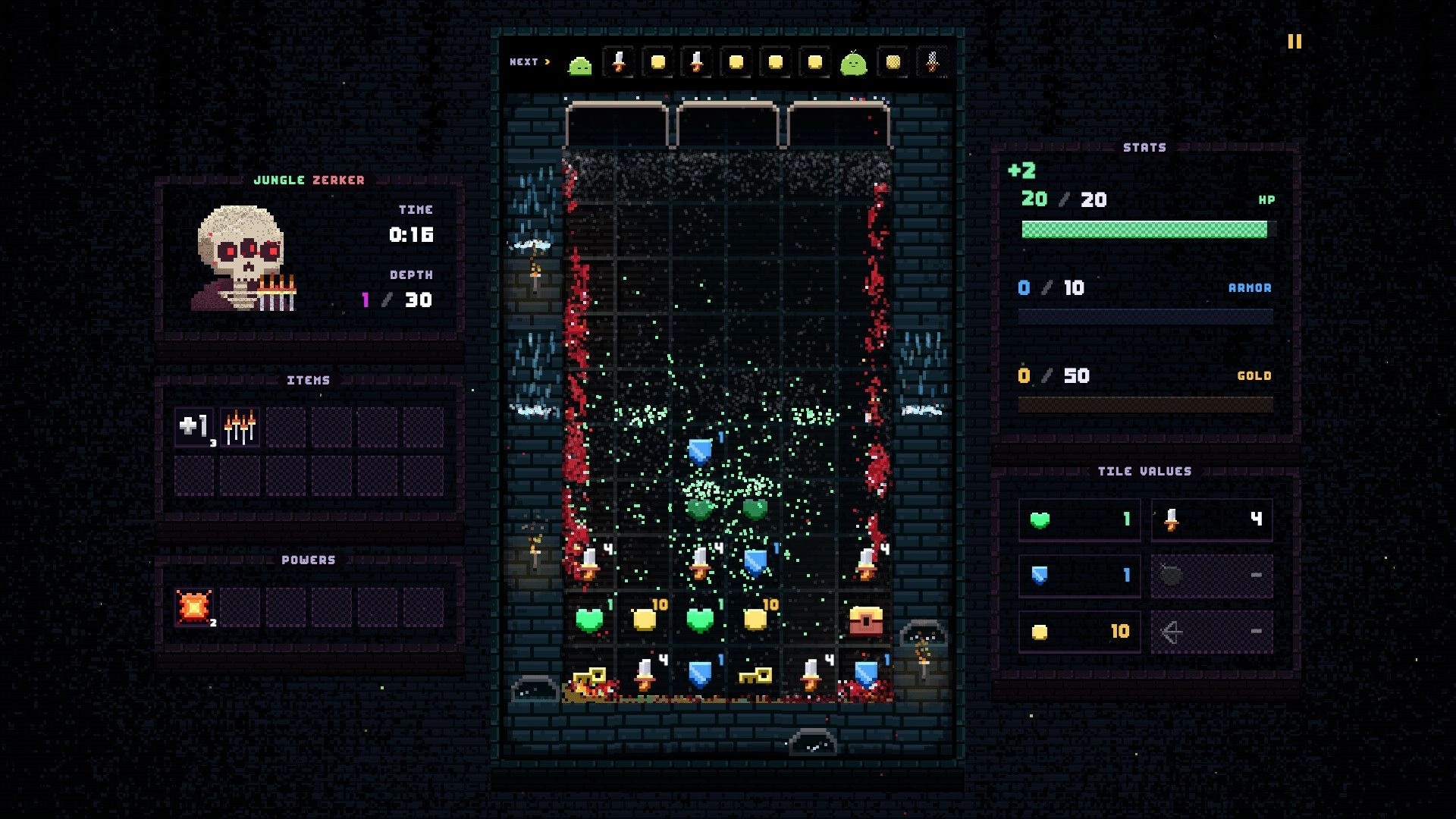 Drop Loot: Tile-matching dungeon board with falling loot icons, stats panels and depth timer UI.
