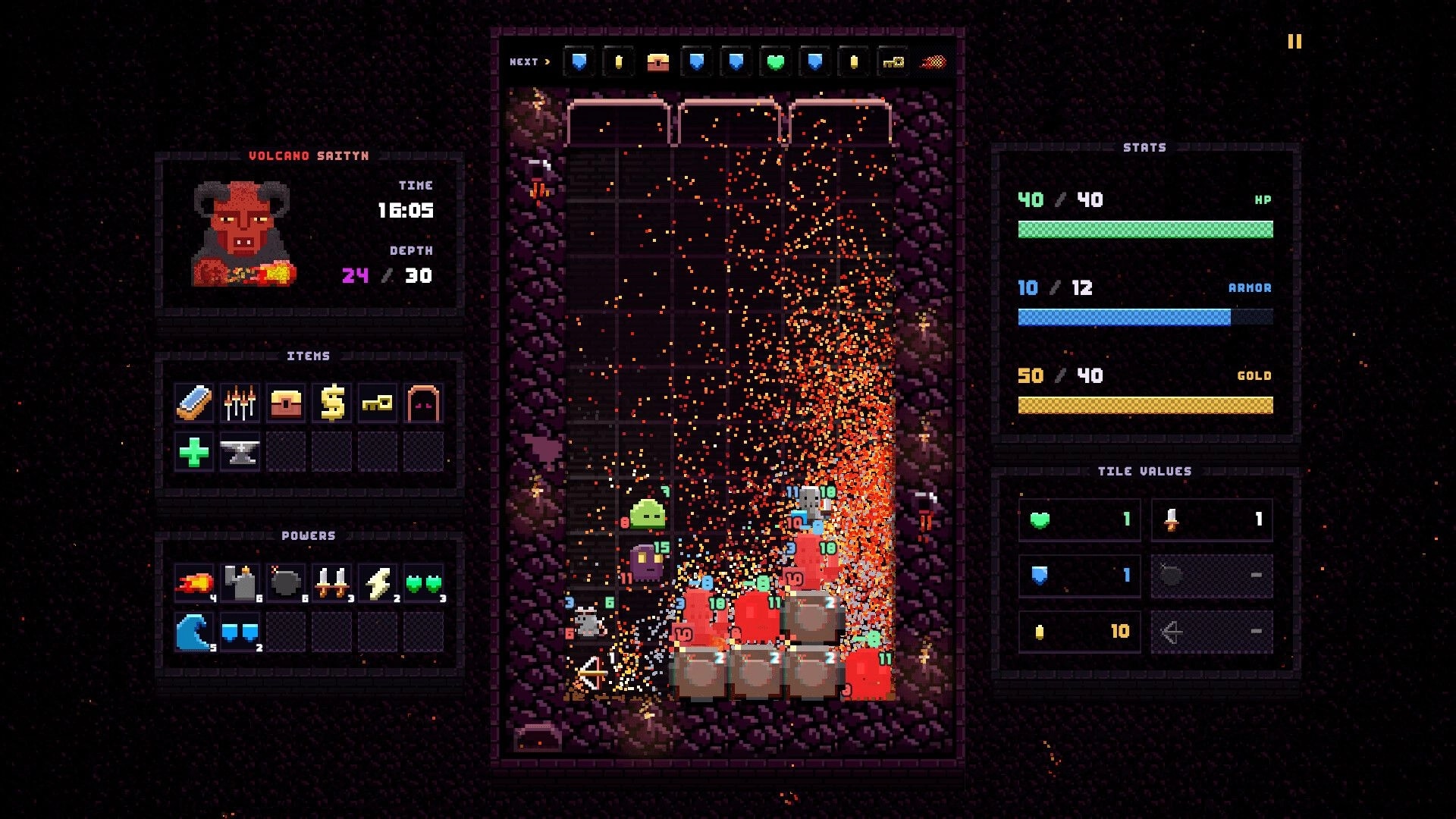 Drop Loot: Tile-matching combat grid with explosions and slime foes in a lava-lit dungeon UI screen.
