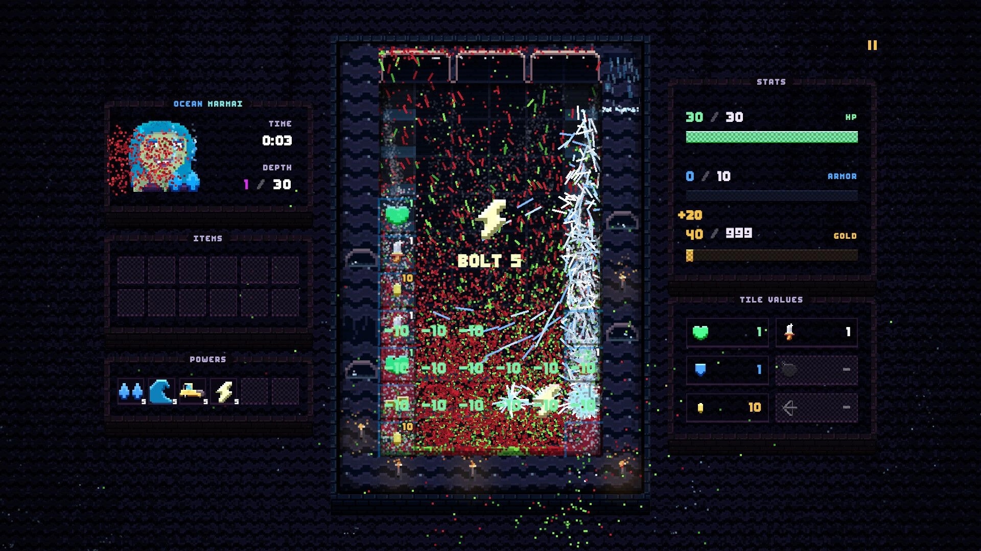 Drop Loot: Lightning bolt power triggers chain explosions on tile grid in a dark dungeon UI screen.
