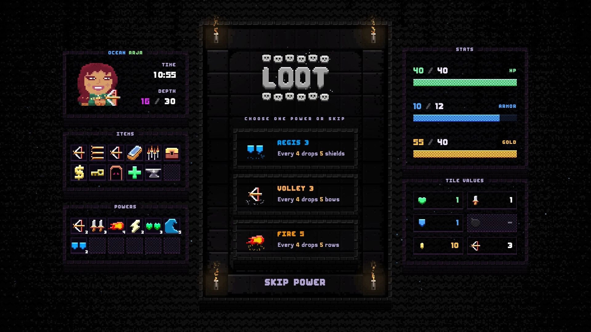 Drop Loot: Loot selection screen choosing Aegis, Volley, or Fire powers in torchlit dungeon UI.