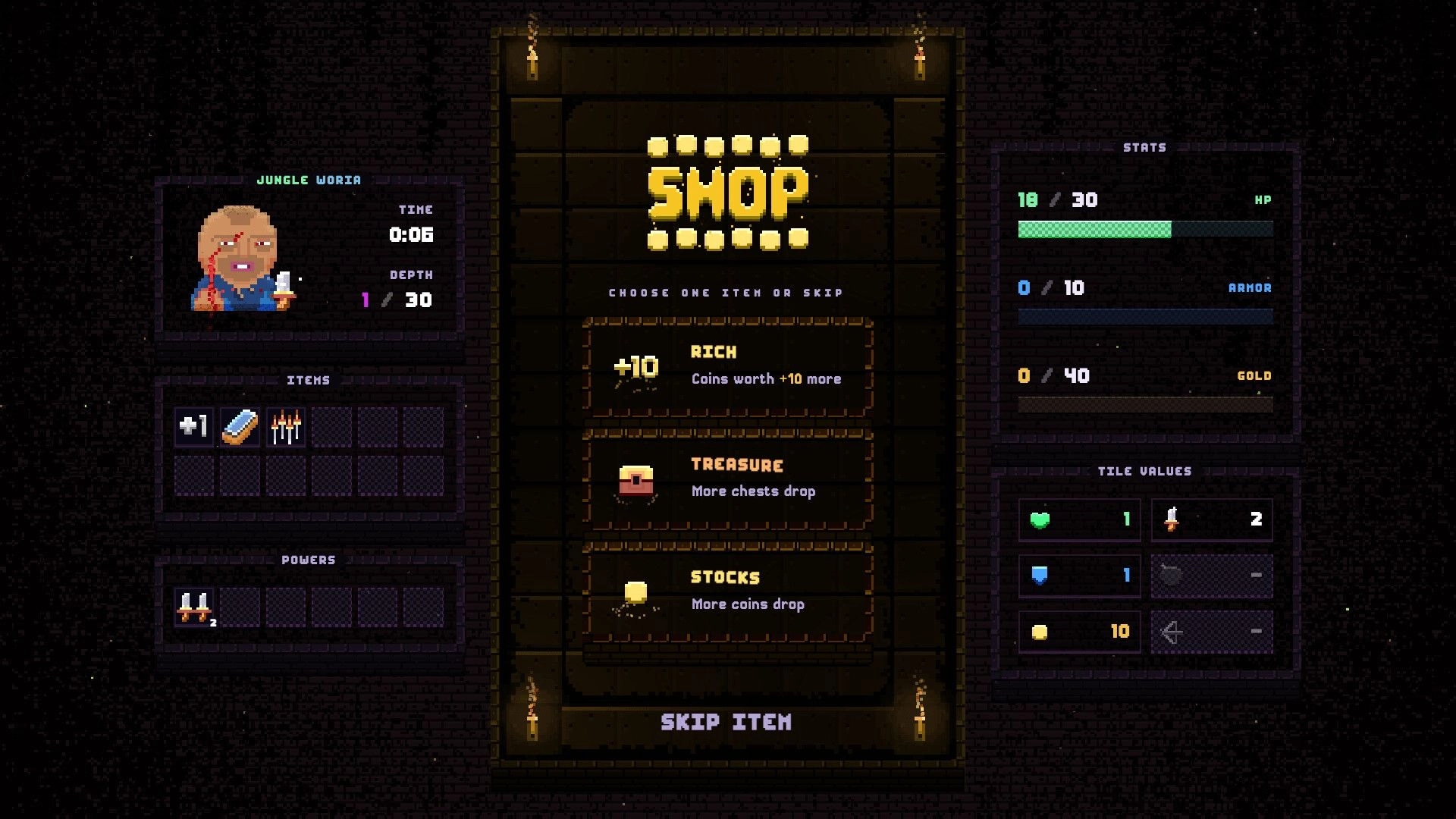Drop Loot: Shop screen with Rich, Treasure, and Stocks choices, stats bars and inventory in dungeon UI.
