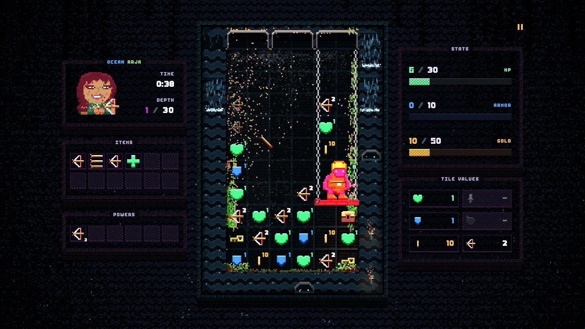 Drop Loot: Tile-matching dungeon grid with hearts, arrows, gold, and a red monster, stats HUD visible.