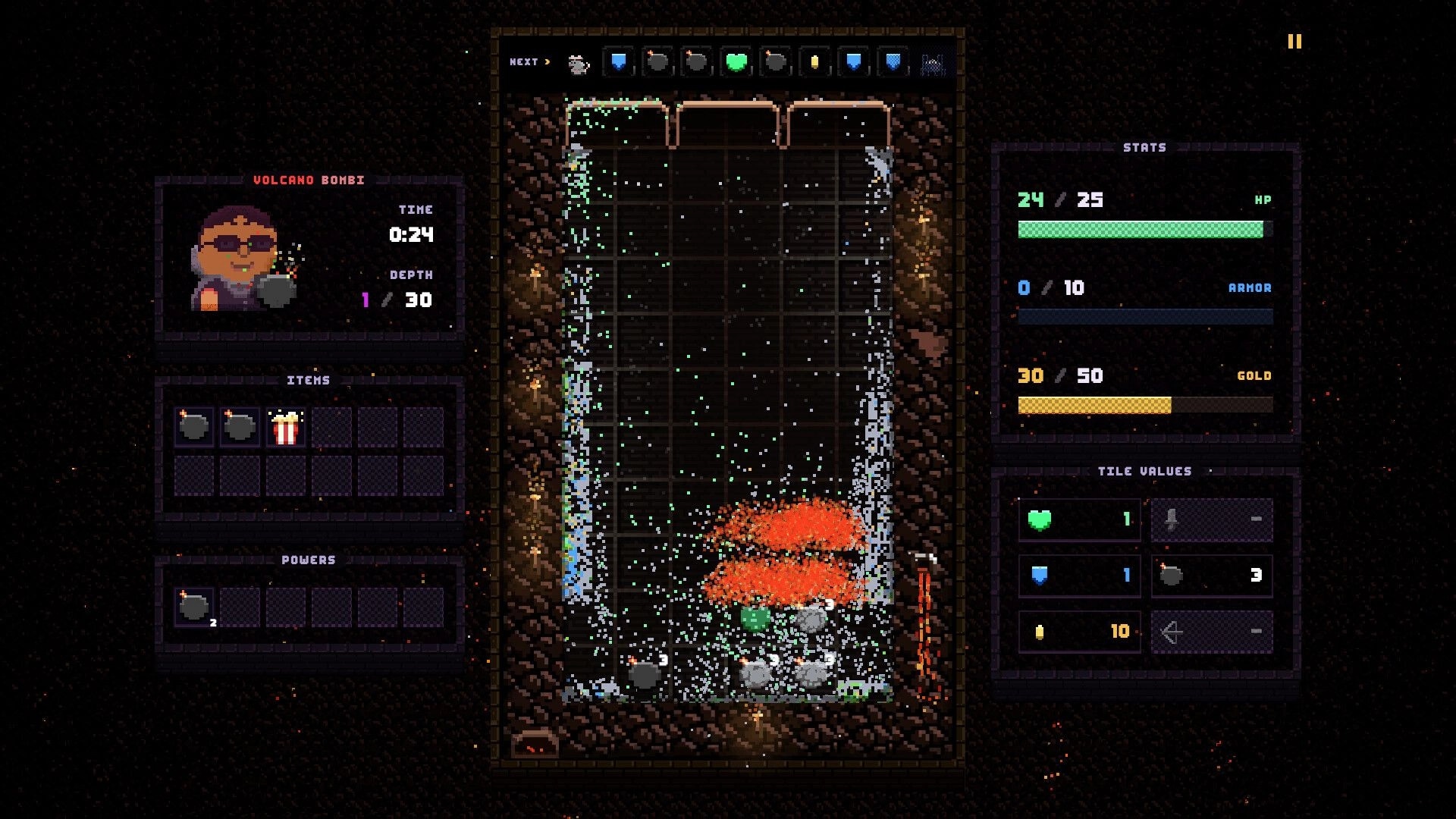 Drop Loot: Volcano Bombi tile grid with lava bursts, items and stats panels in rocky dungeon well.
