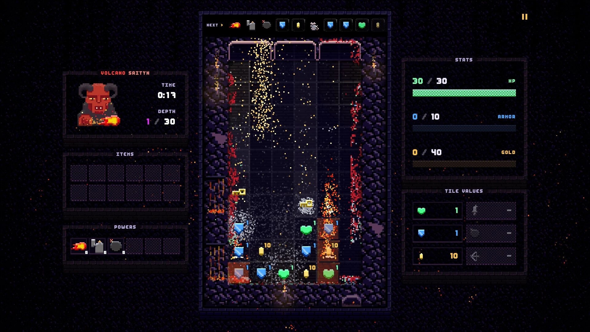 Drop Loot: Tile-dropping dungeon board with key, shield, and heart pieces; stats and powers UI panels.