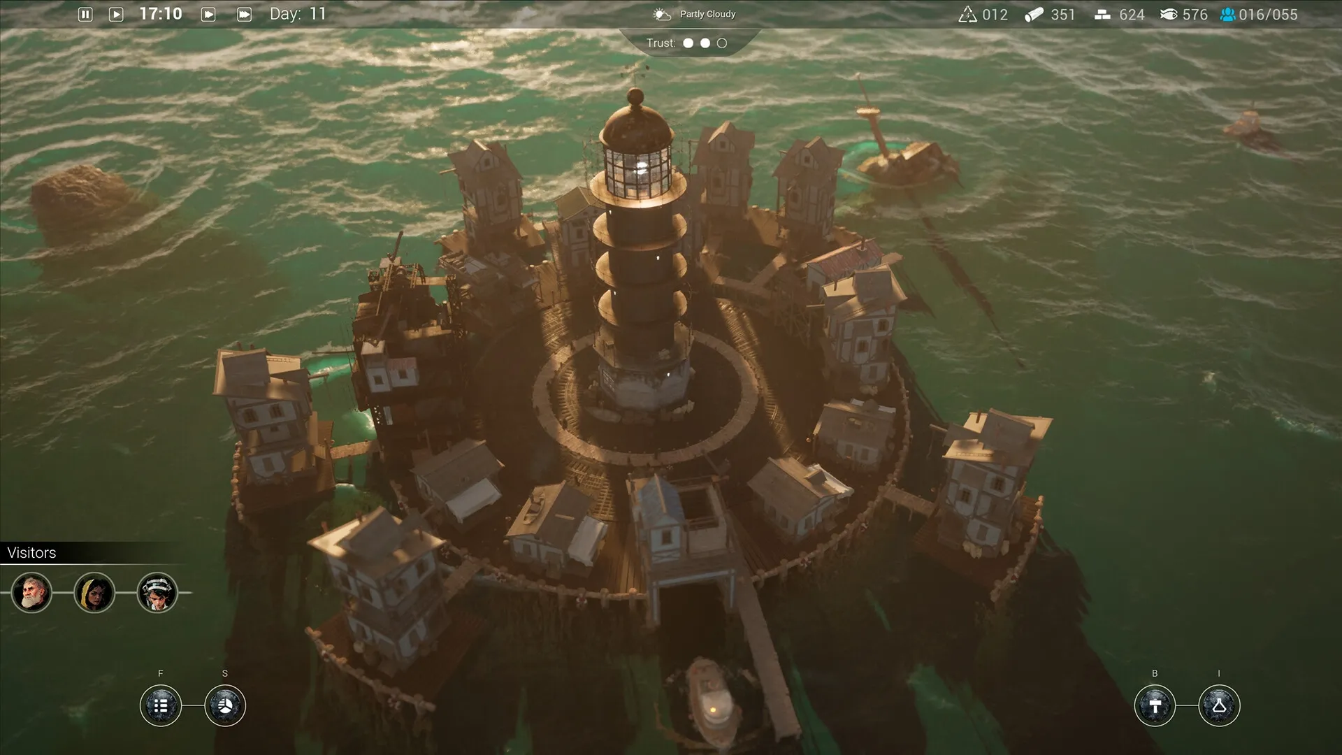 Drownlight: Lighthouse surrounded by houses on water with UI showing resources and visitor portraits