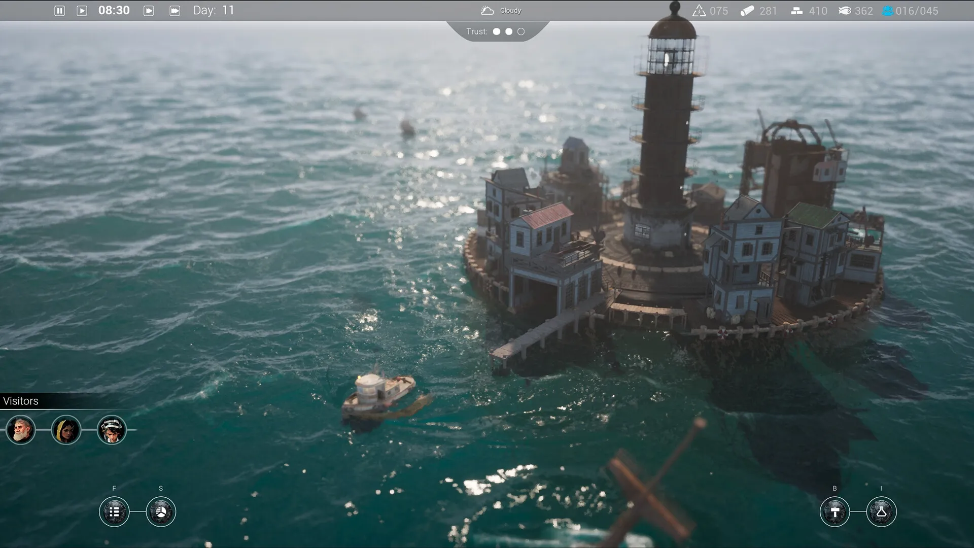 Drownlight: Lighthouse surrounded by city buildings, a boat approaches on the ocean with visitor icons