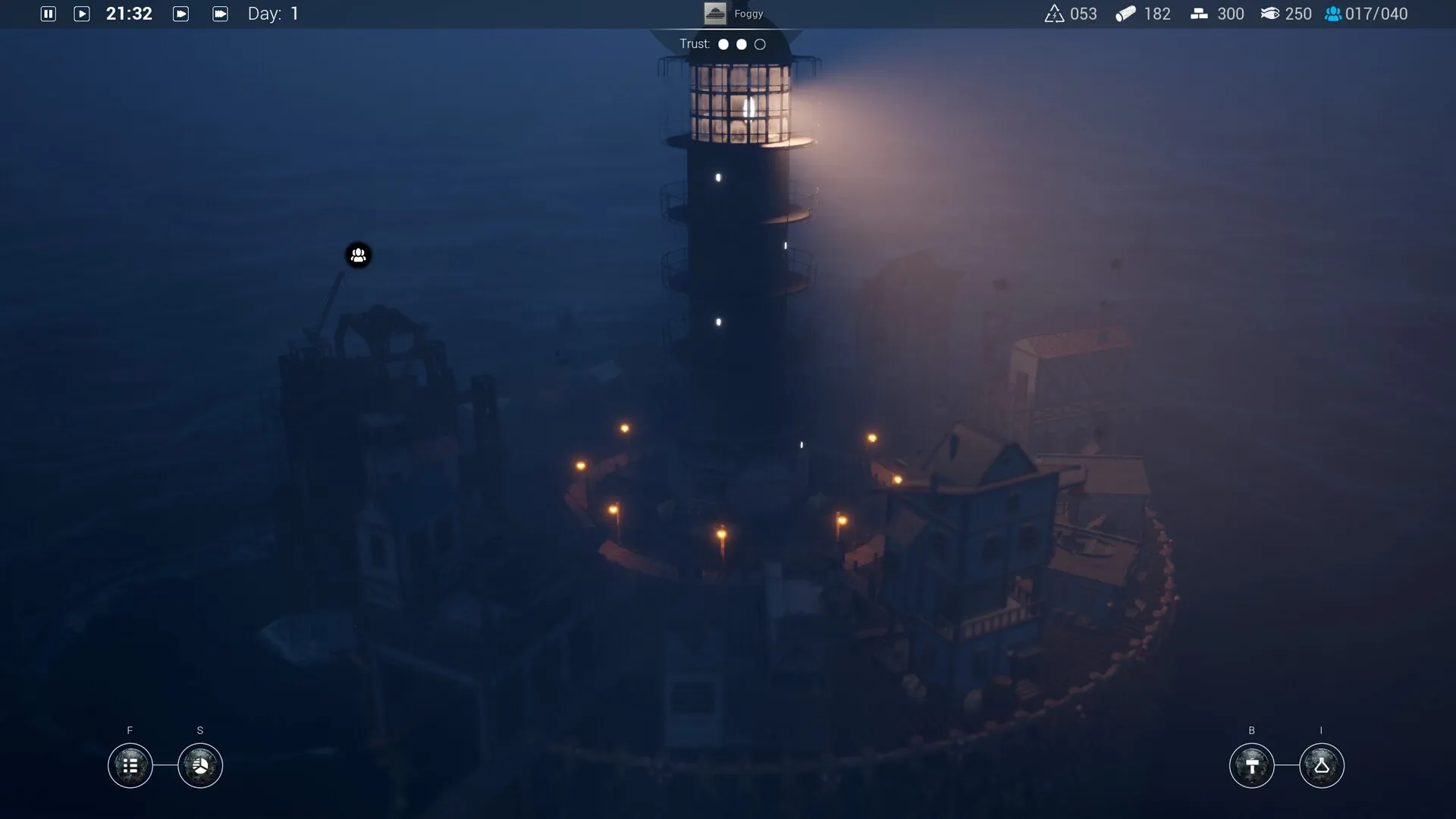 Drownlight: Lighthouse illuminated amidst foggy night, surrounded by city structures and resource icons
