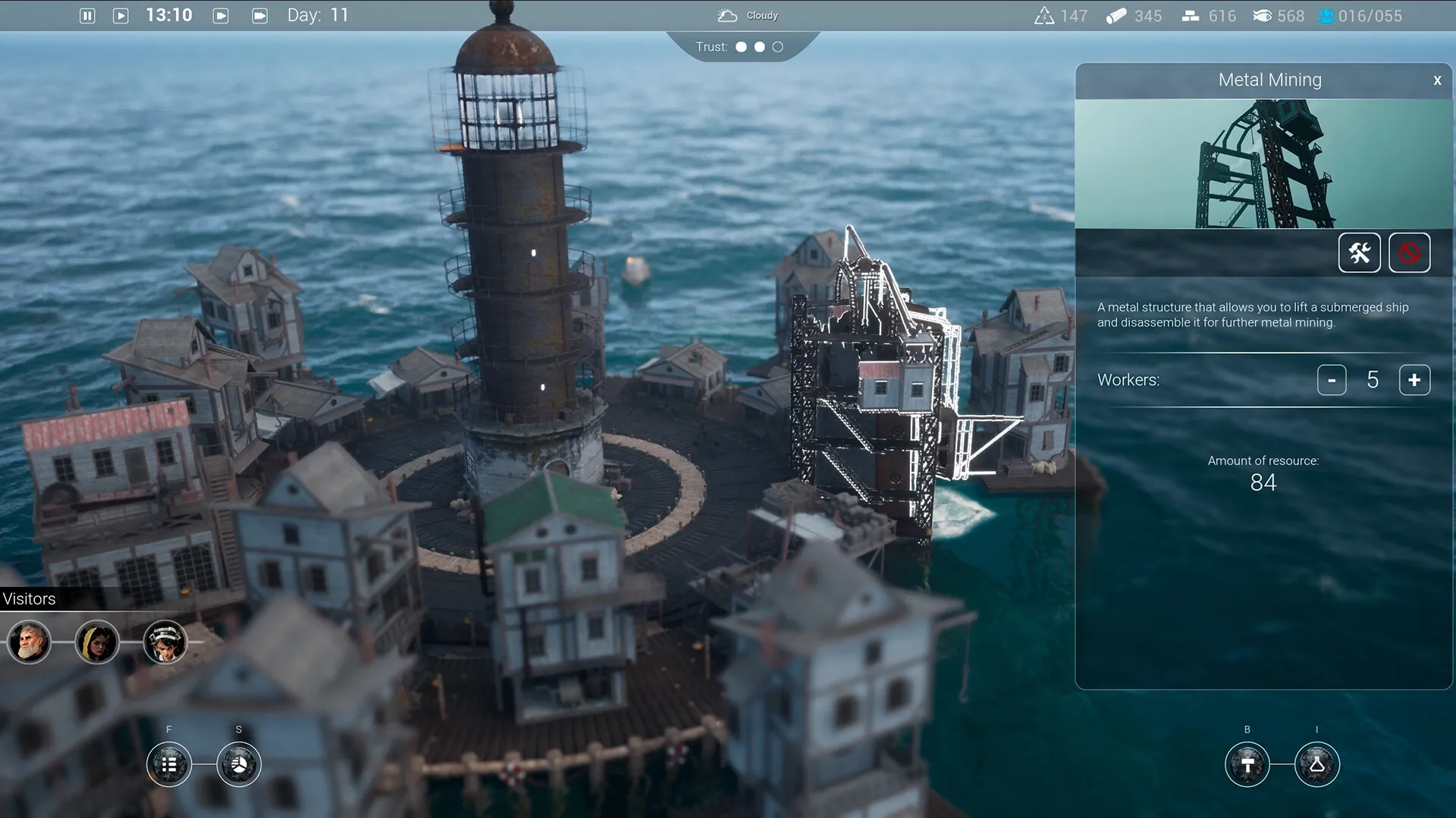 Drownlight: Lighthouse city with metal mining interface and resource management in a flooded world