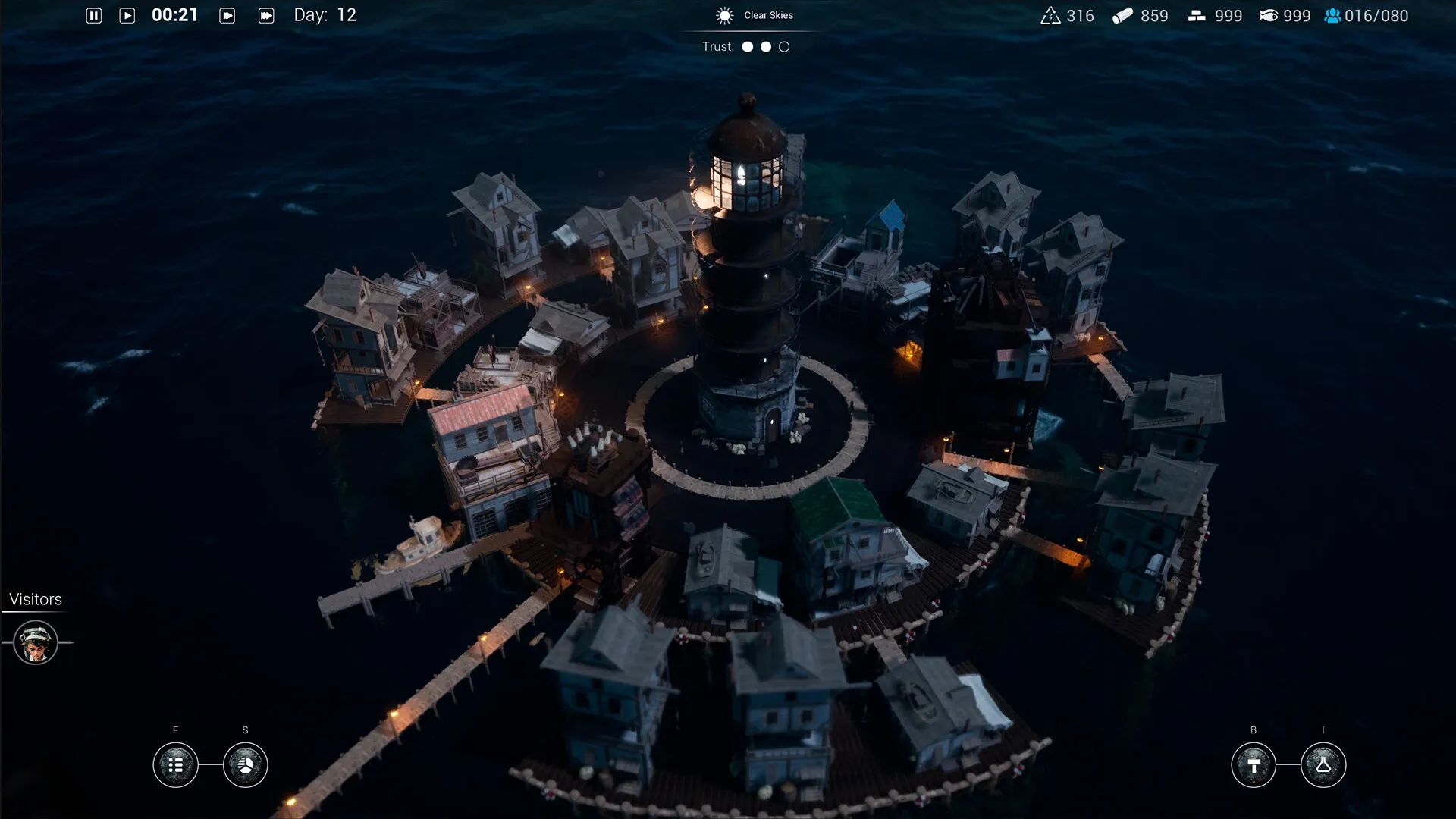 Drownlight: Overhead view of city built around central lighthouse with resource indicators and visitor menu