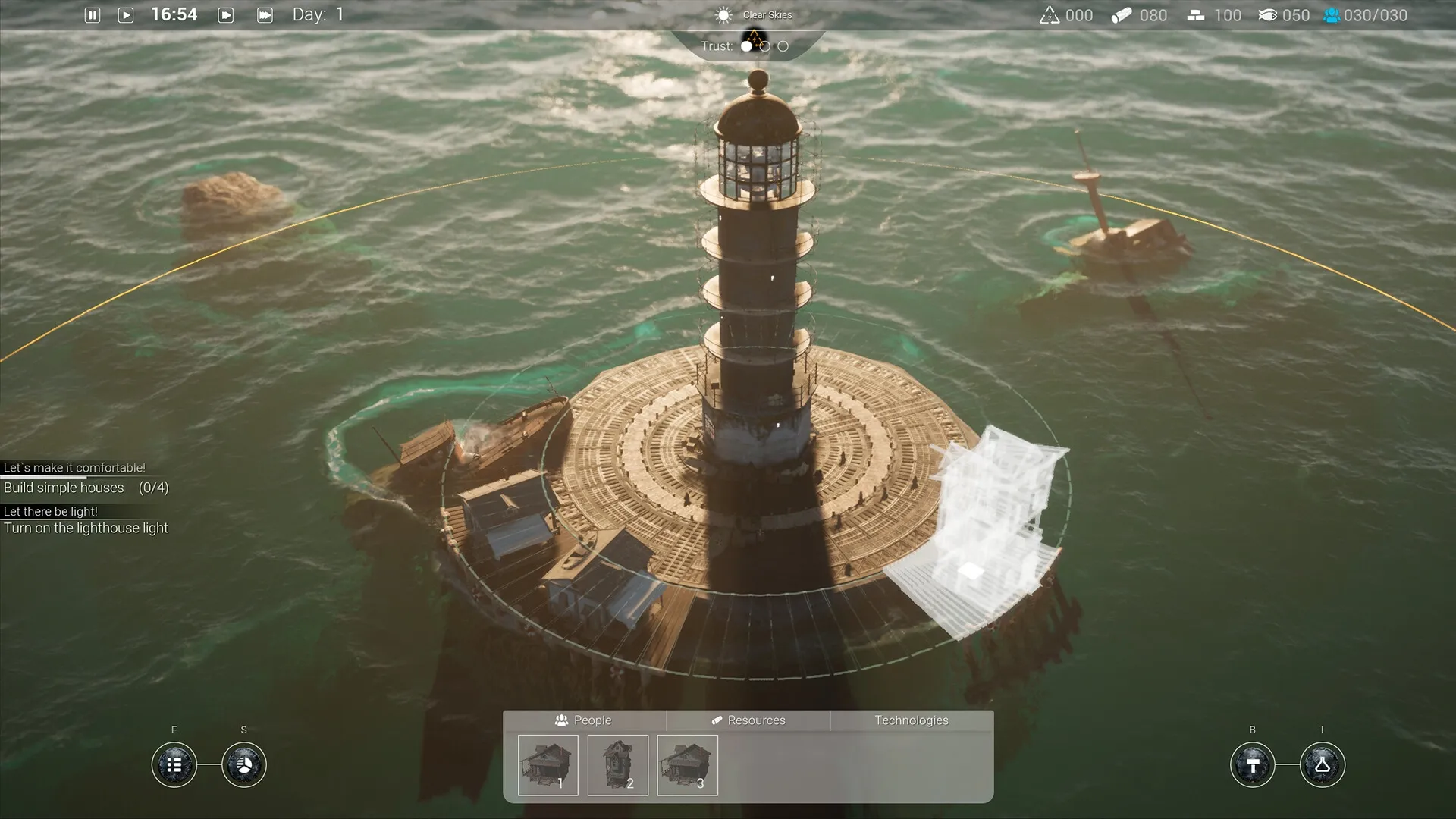 Drownlight: Lighthouse central hub with UI tasks, resource counters, and building plans over ocean setting