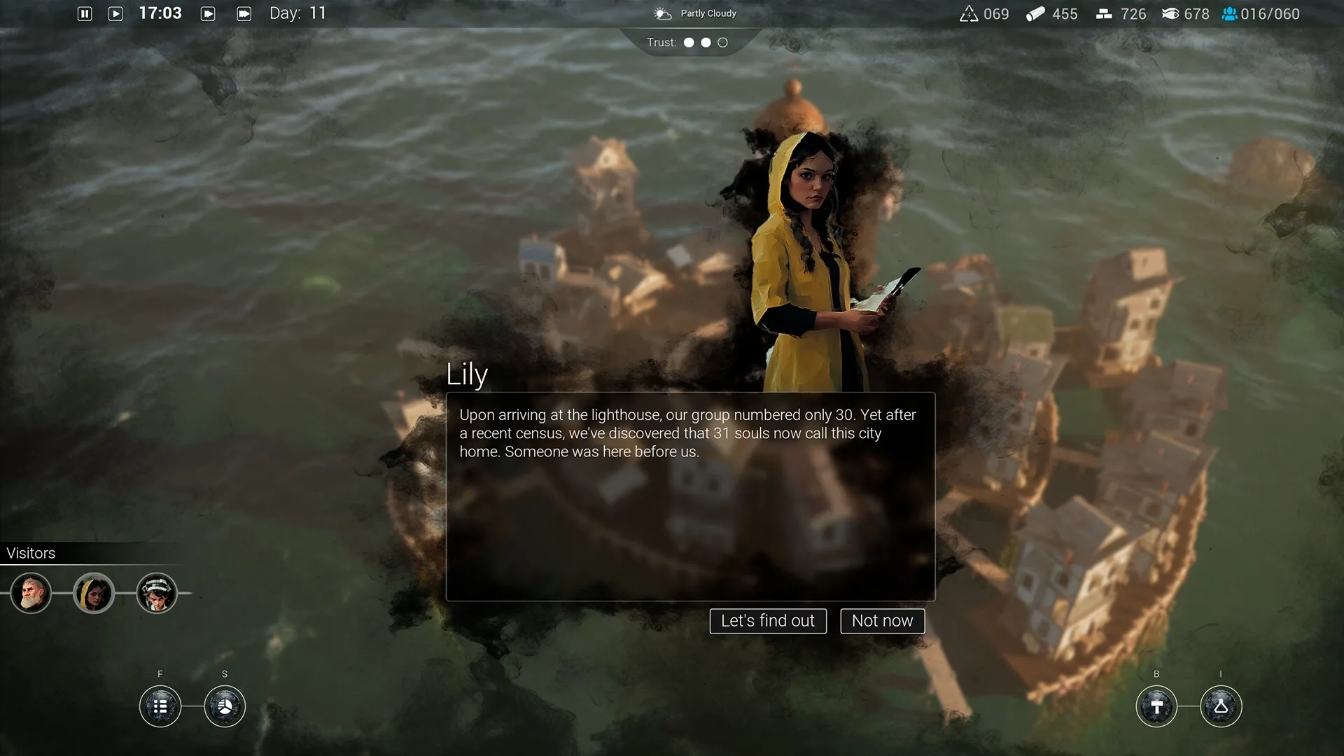 Drownlight: Lily's dialogue with decision options over a flooded cityscape near the lighthouse