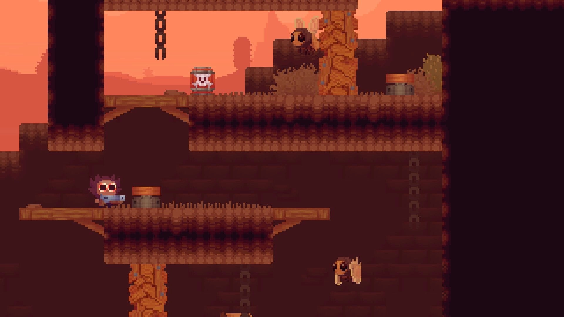 Dry Sea: Pixel hero aims a shotgun on rocky ledges with hanging chains, barrels, and a flying foe.