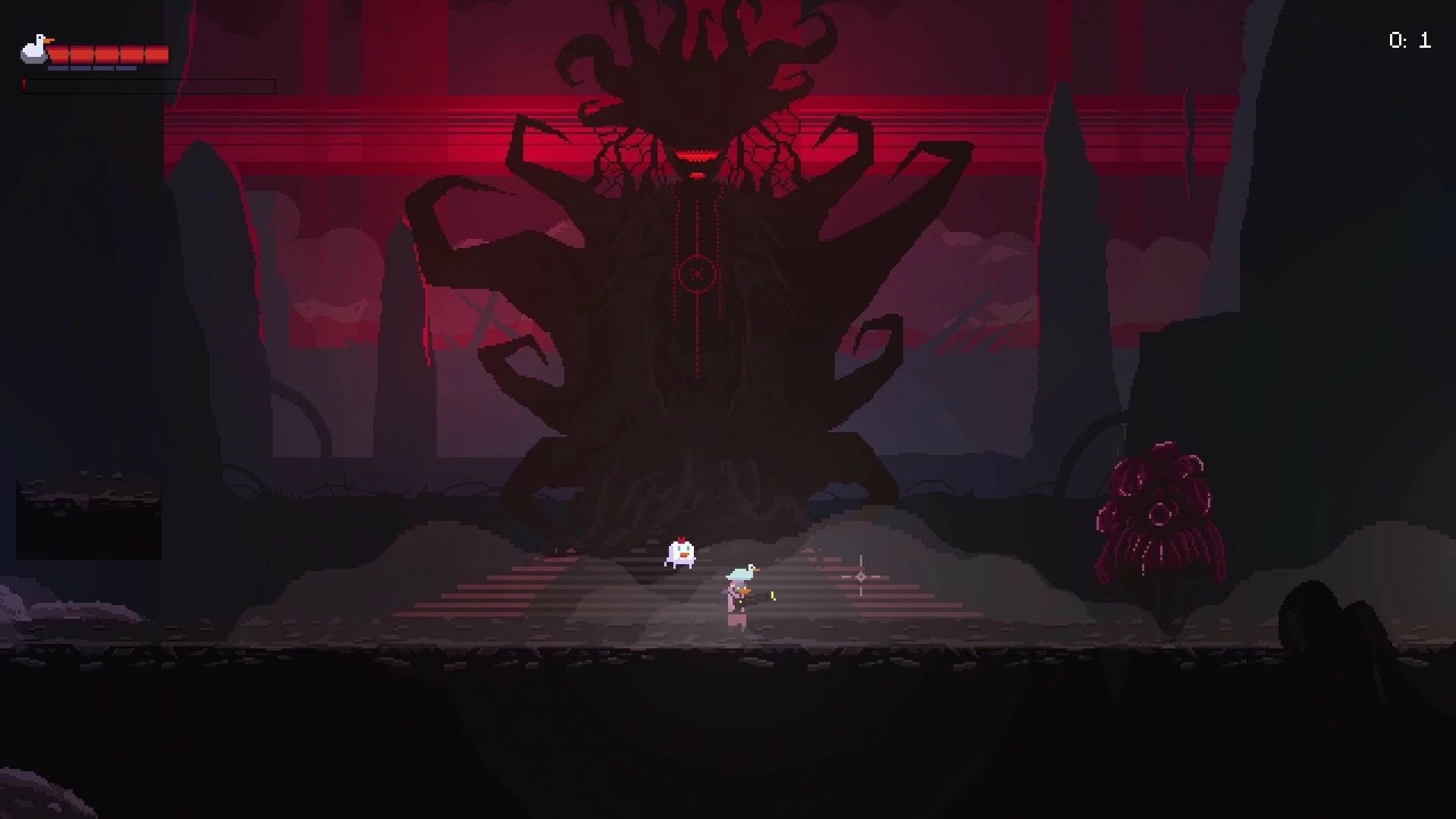 Duck Norris Tales: Boss battle with giant alien creature in a dark, ominous cavern setting