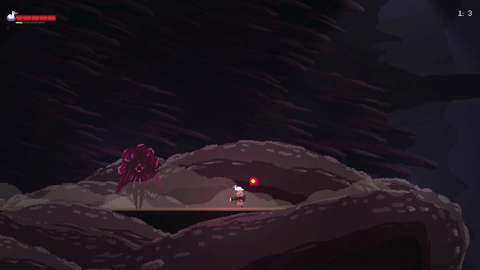 Duck Norris Tales: Duck character with weapon confronts alien plant in dark, rocky landscape