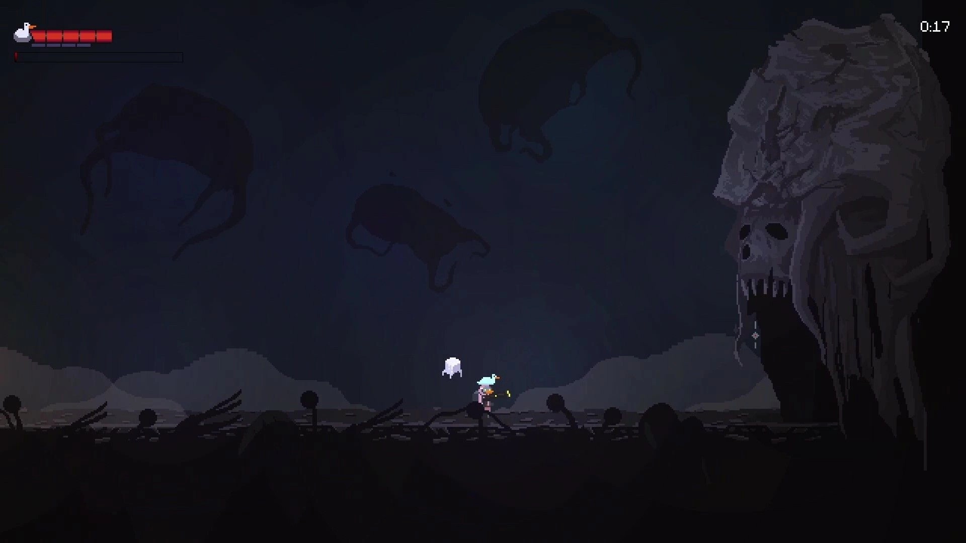 Duck Norris Tales: Duck Norris navigating dark cave with ghost companion, large skull structure nearby