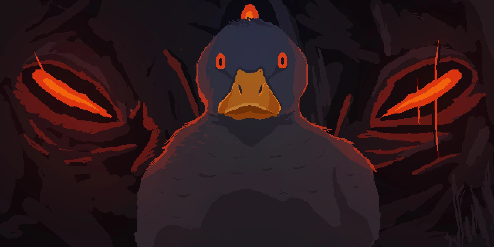 Duck Norris Tales: Brave duck facing ominous red-eyed shadows in a dark, mysterious environment