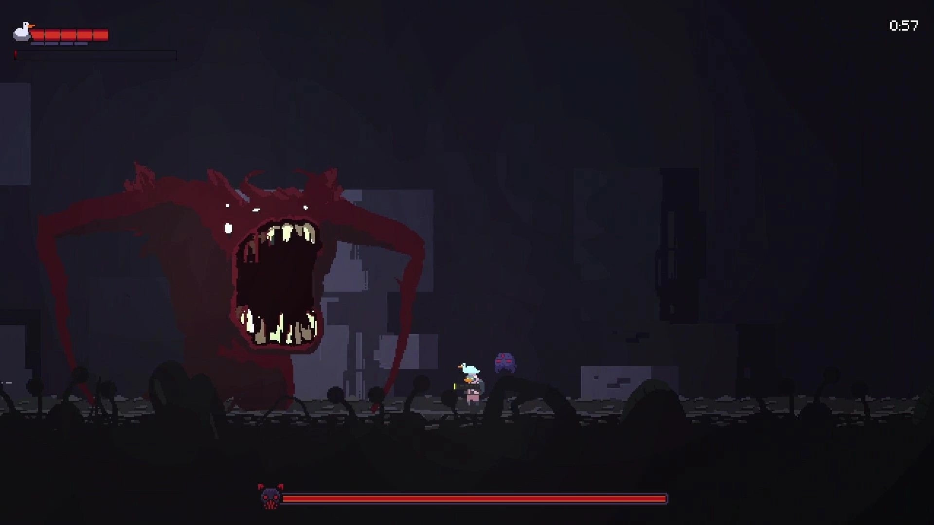 Duck Norris Tales: Boss battle with giant red monster in dark cave, health bar displayed at top left