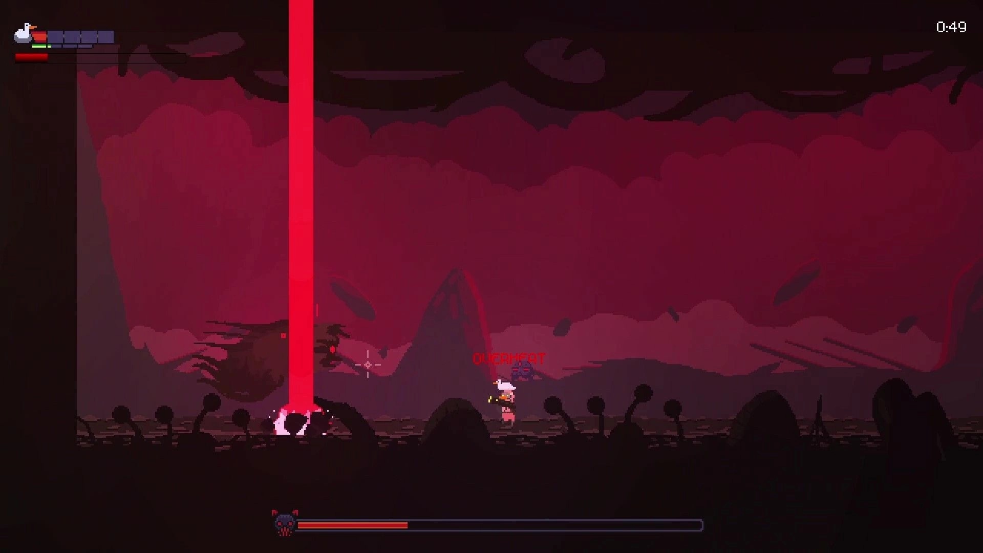 Duck Norris Tales: Duck faces laser beam attack in dark alien landscape with health bar visible