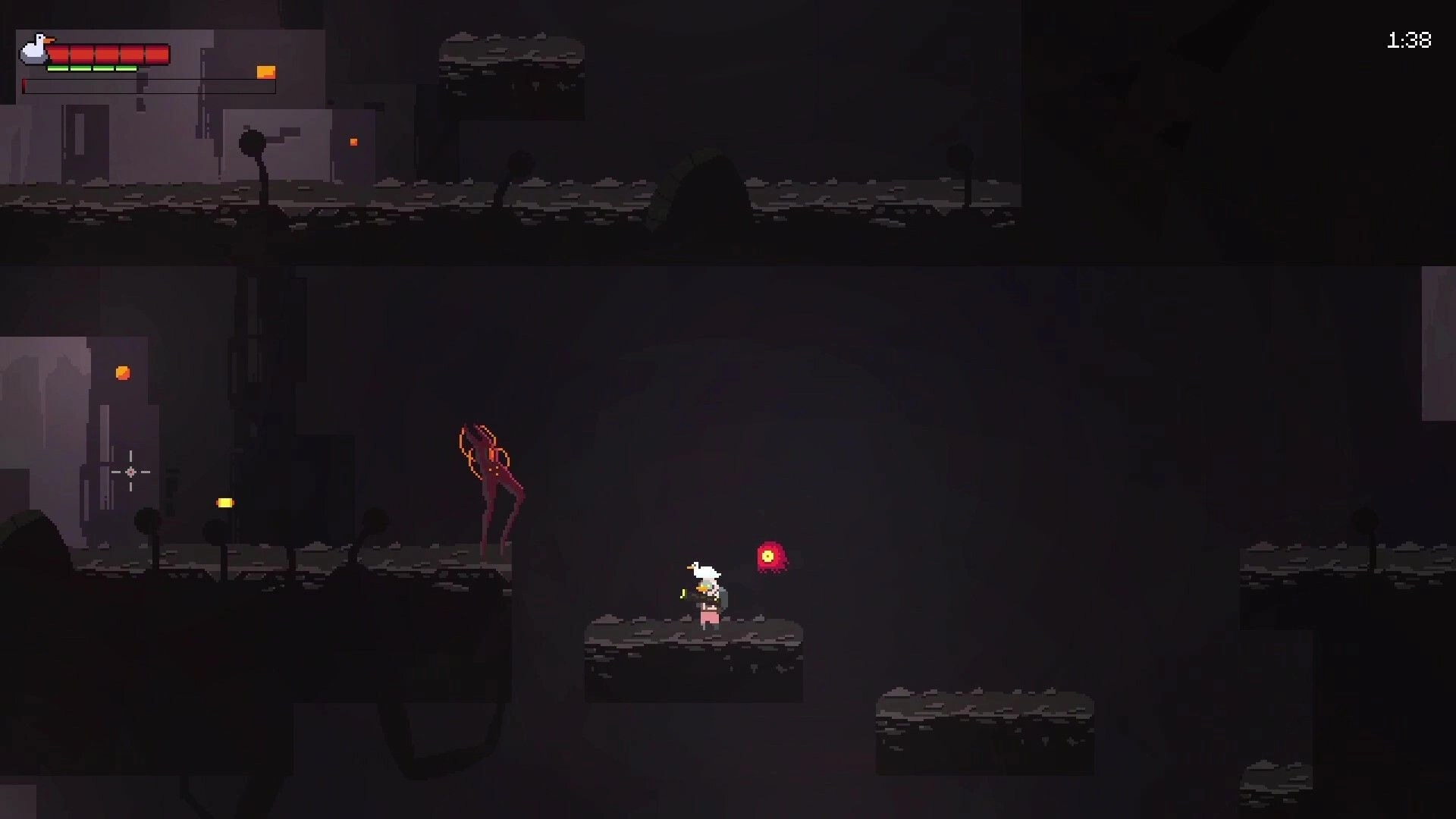 Duck Norris Tales: Duck battles alien in dark platform level with health bar and timer visible