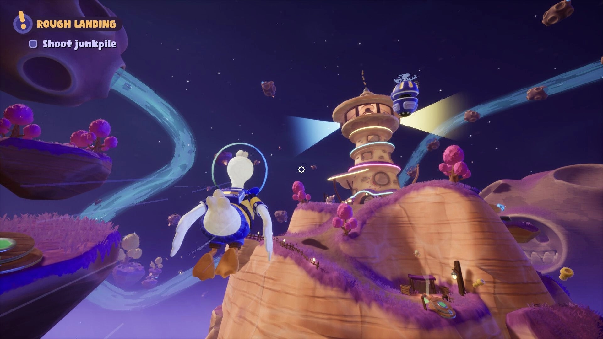 Duck Side of the Moon: Duck flying in space towards tower on vibrant pink and purple alien planet