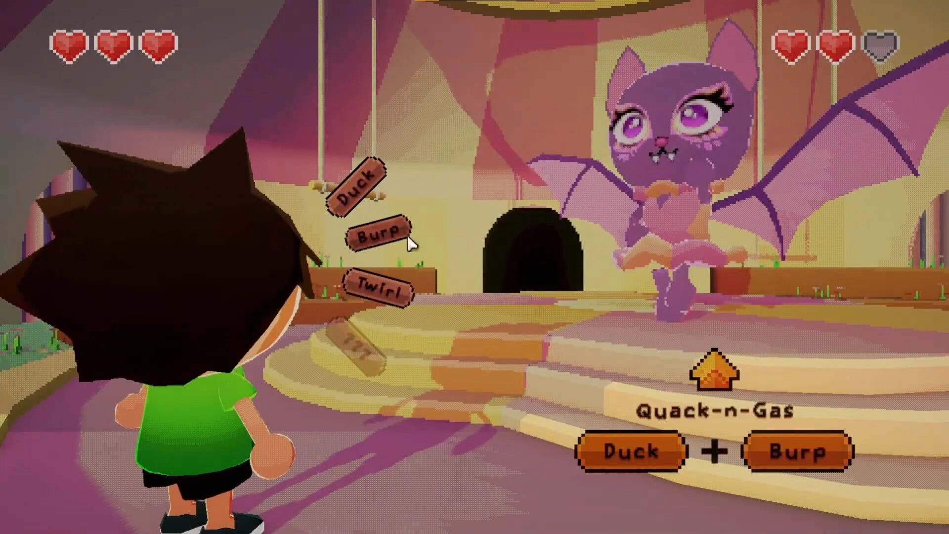 Duckbound: Character faces a purple bat creature in a turn-based battle with action options visible