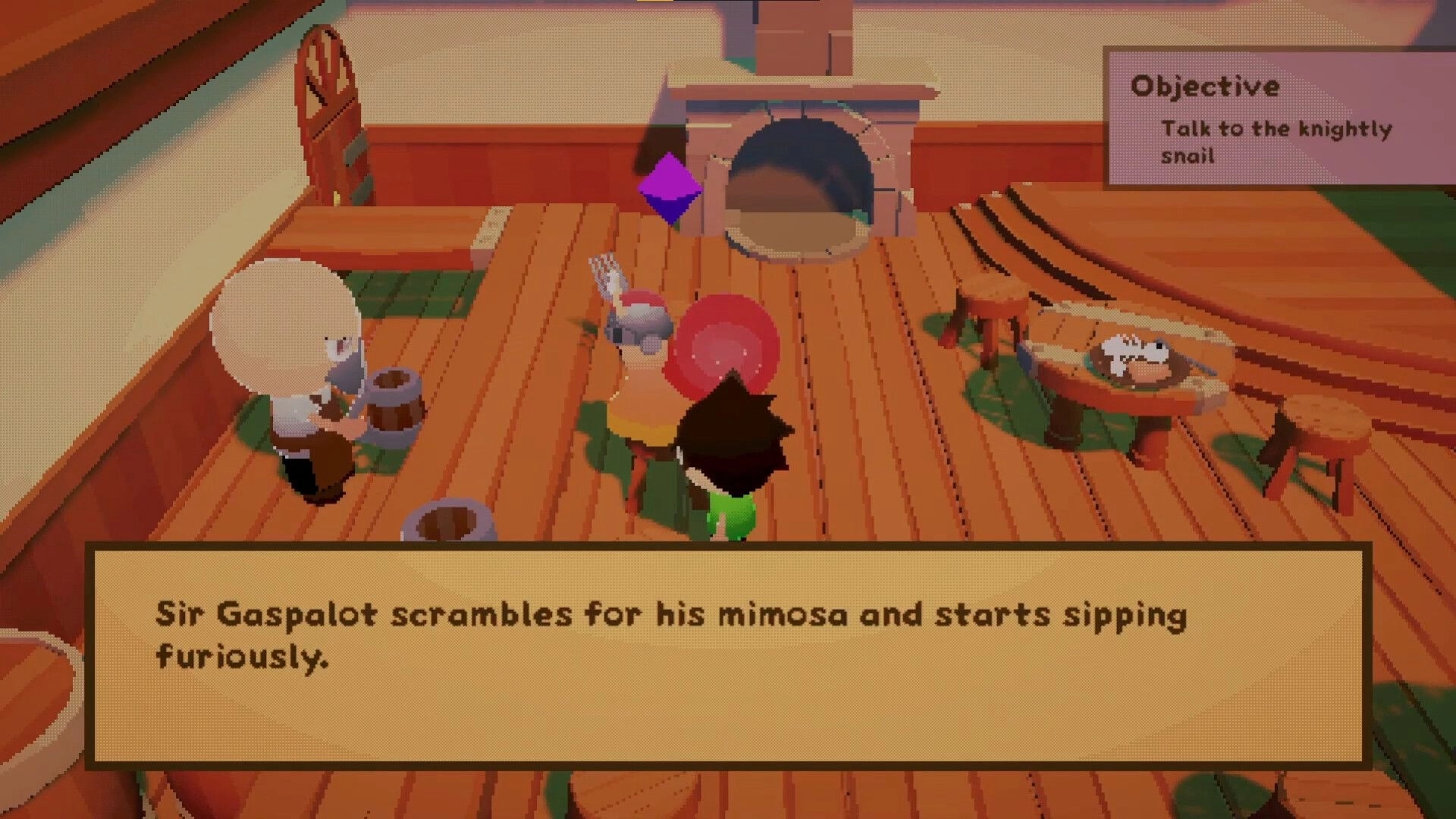 Duckbound: Sir Gaspalot sips mimosa in a cozy tavern as the objective to talk to snail is displayed.