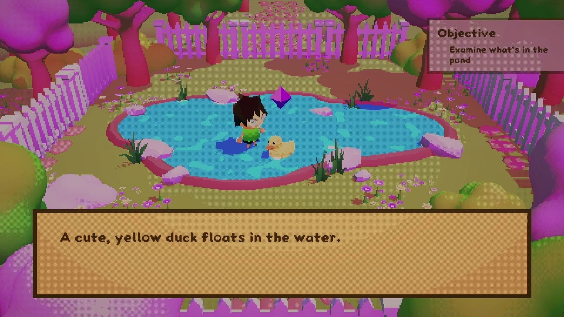 Duckbound: Character wades in pond with duck, surrounded by trees and fence, objective window visible.