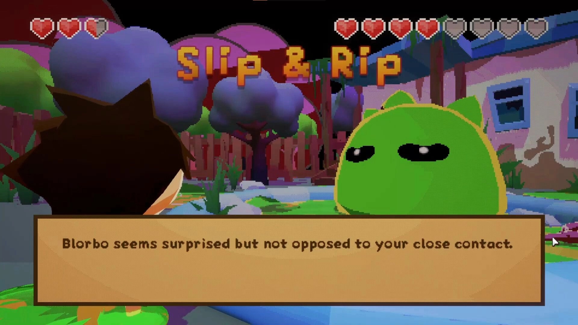 Duckbound: Blorbo encounters character in colorful garden setting with dialogue and heart icons visible