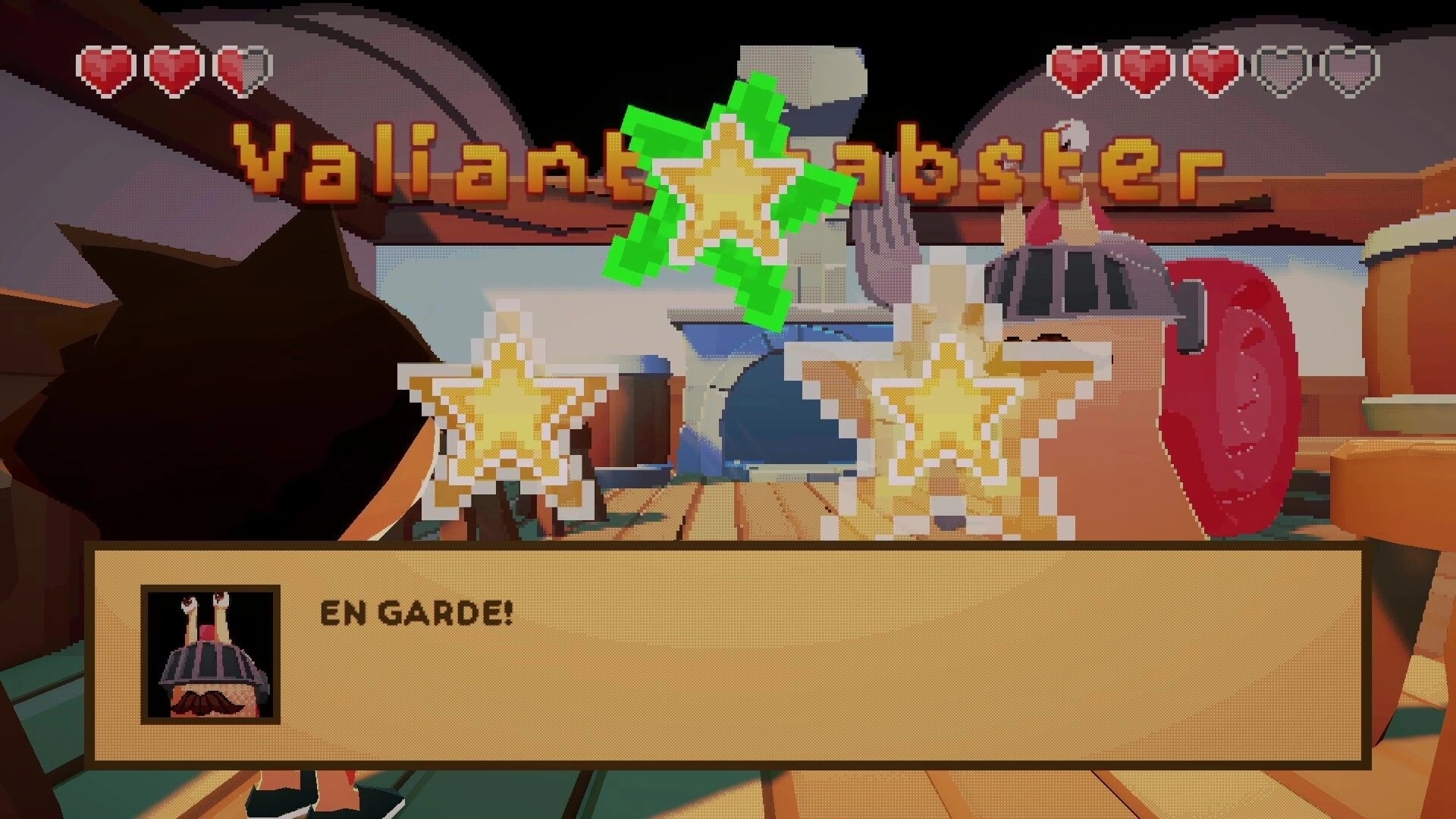 Duckbound: Valiant Lobster challenge with dialogue "EN GARDE!" in a ship's deck environment