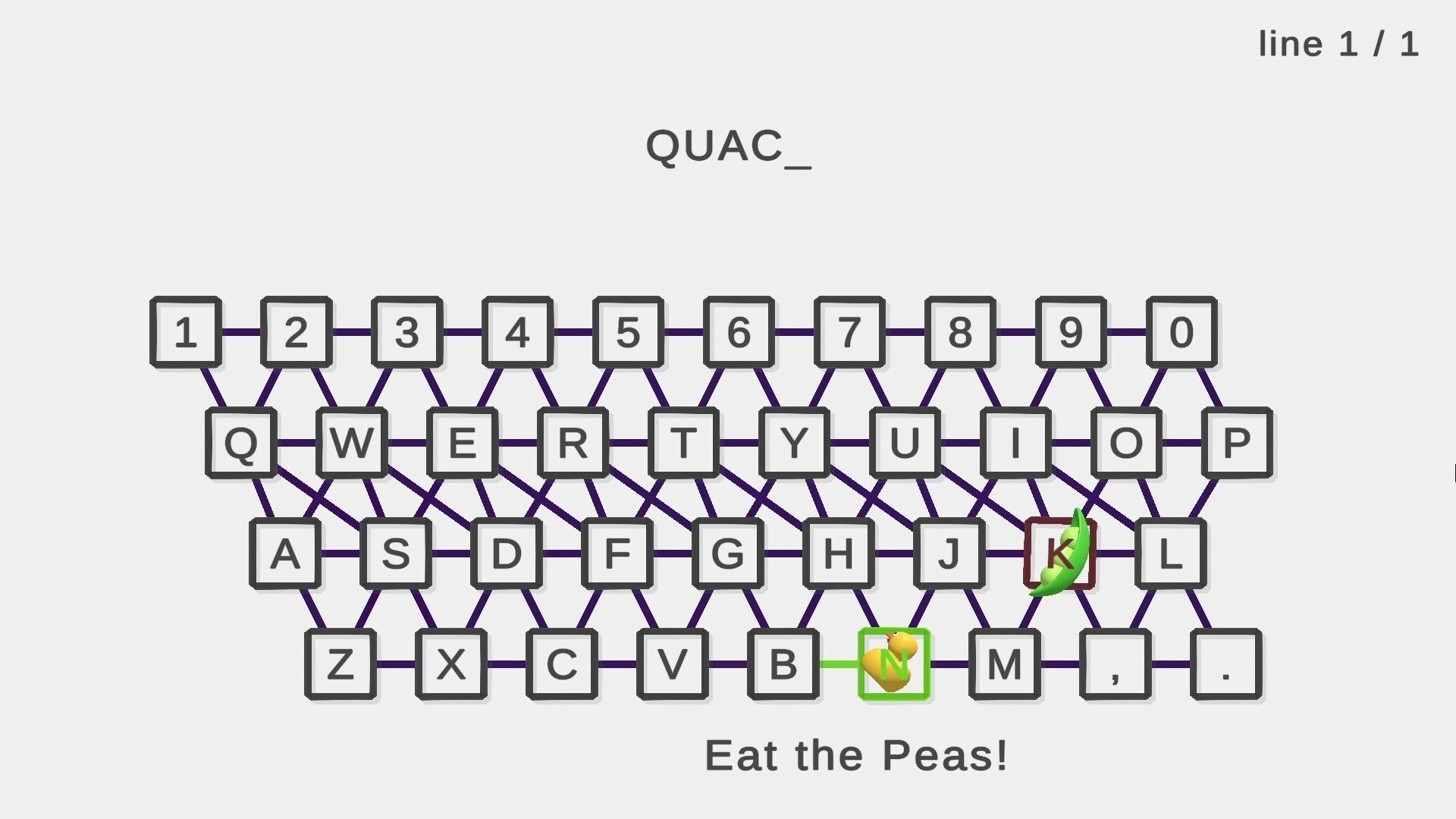 Duckscape: Typing puzzle with letter tiles and peas on keyboard, spelling "QUAC_" in progress