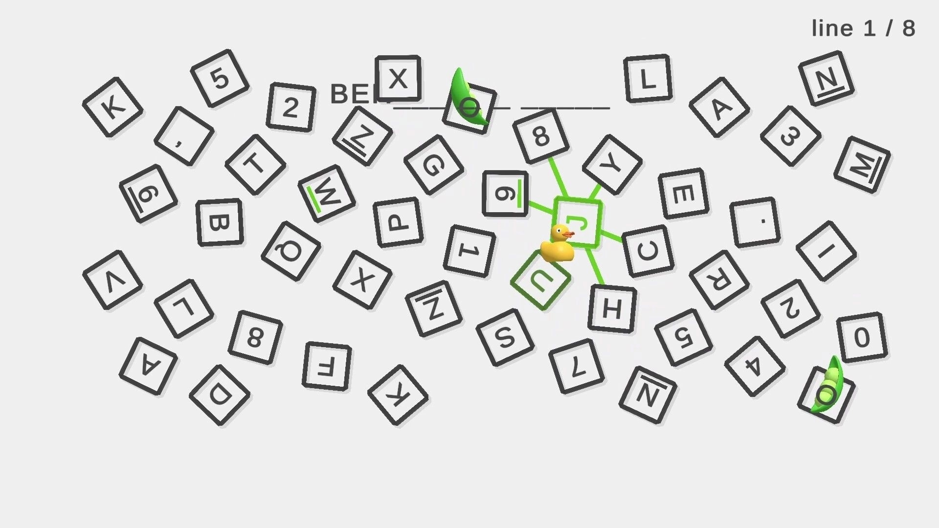 Duckscape: Rubber duck navigates scattered letter keys with green path in a typing puzzle challenge
