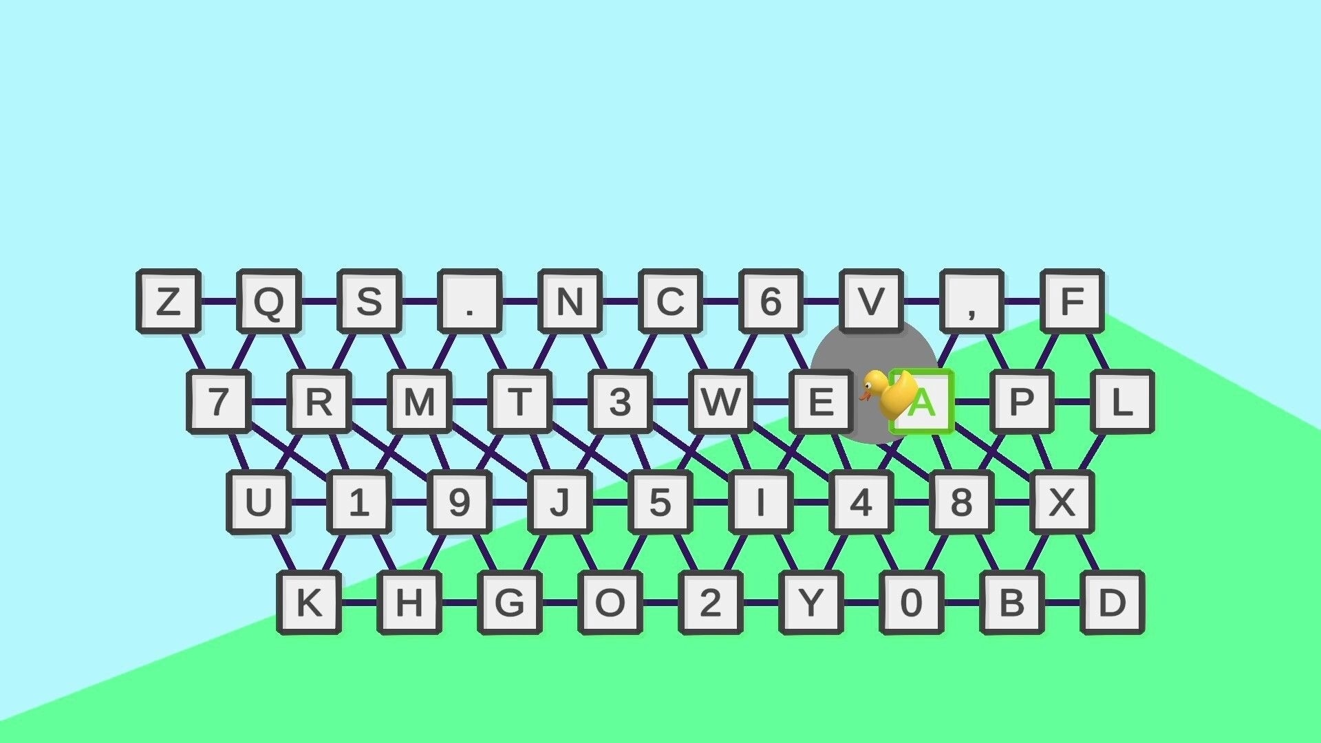 Duckscape: Duck moving across keyboard grid on colorful geometric background